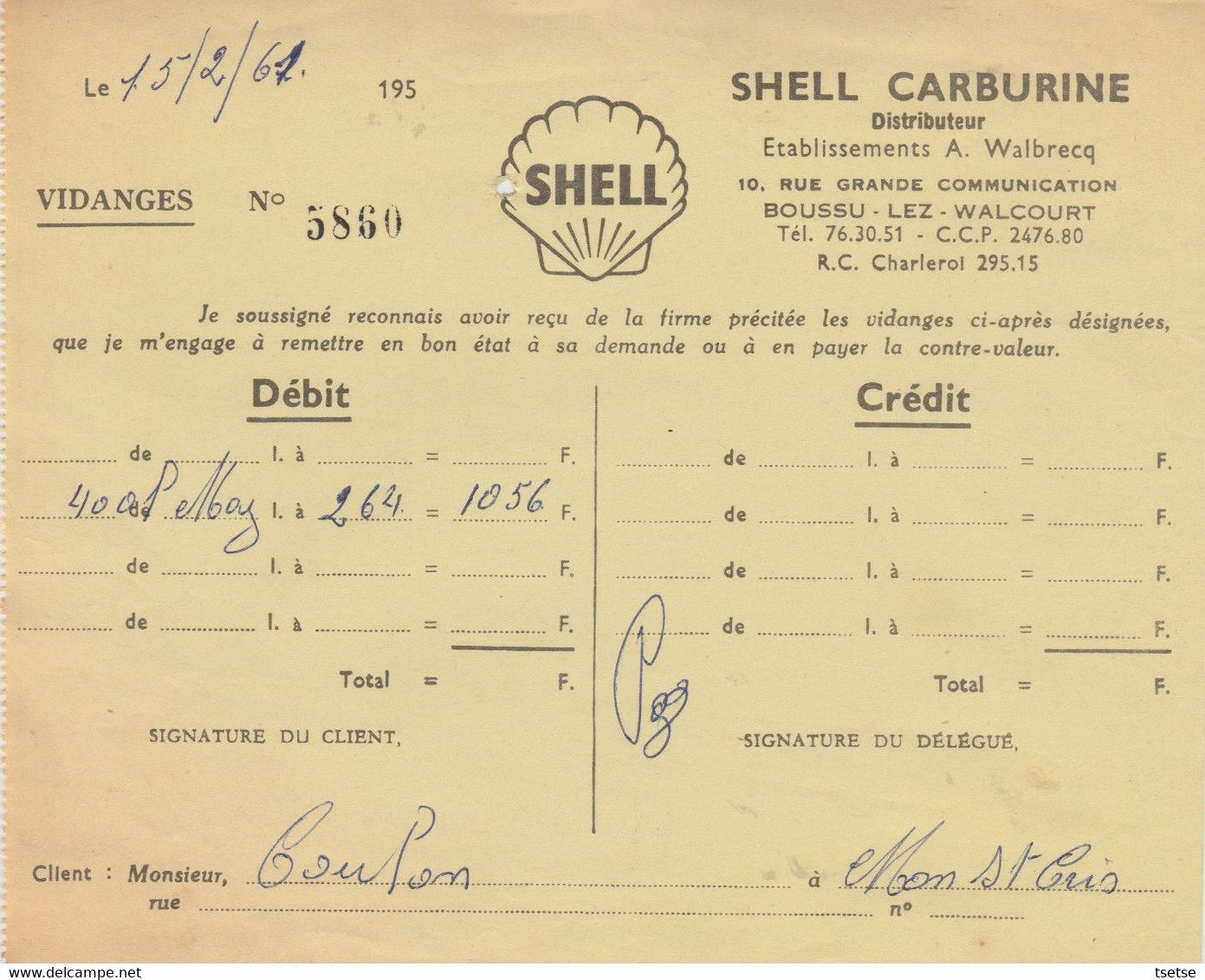 Facture / Document -  A. Walbrecq  / Distributeur Shell Carburine - Boussu-lez-Walcourt -1961 - 1950 - ...