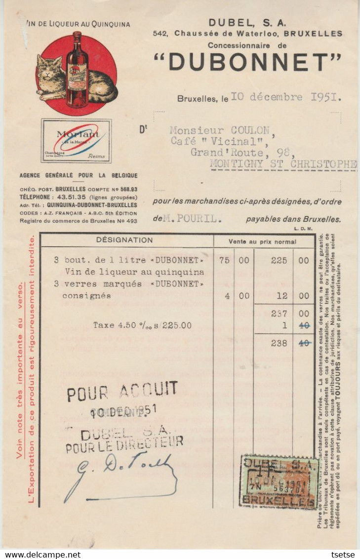 Facture / Document -  Dubel S.A.  / Vin De Liqueur Au Quiquina " Dubonnet " - Bruxelles -1951 - 1950 - ...
