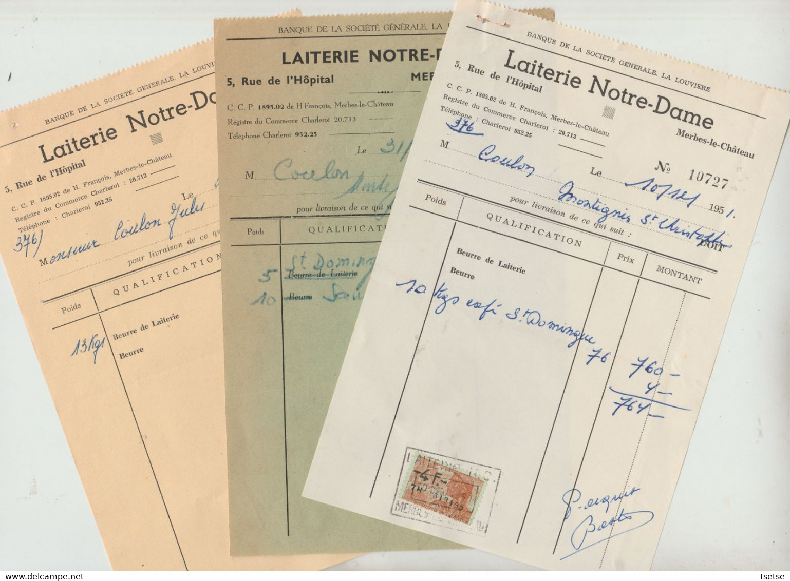 Facture / Document -  Laiterie Notre -Dame  / 3 Documents De Couleurs Différentes - Merbes-le-Château -1951 - 1950 - ...