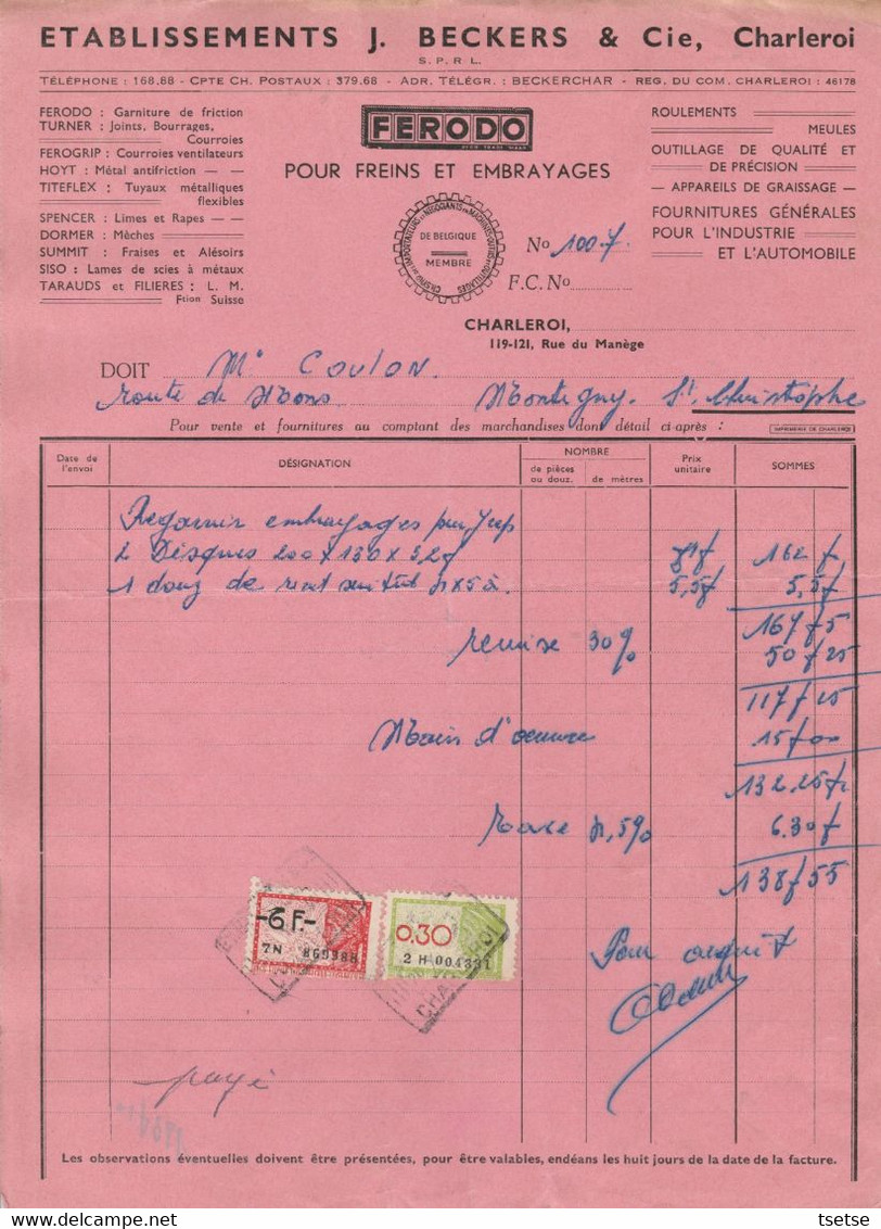 Facture / Document -  Etabl . J. Beckers & Cie / Ferodo , Pour Freins Et Embrayages - Charleroi - 1950 - ...