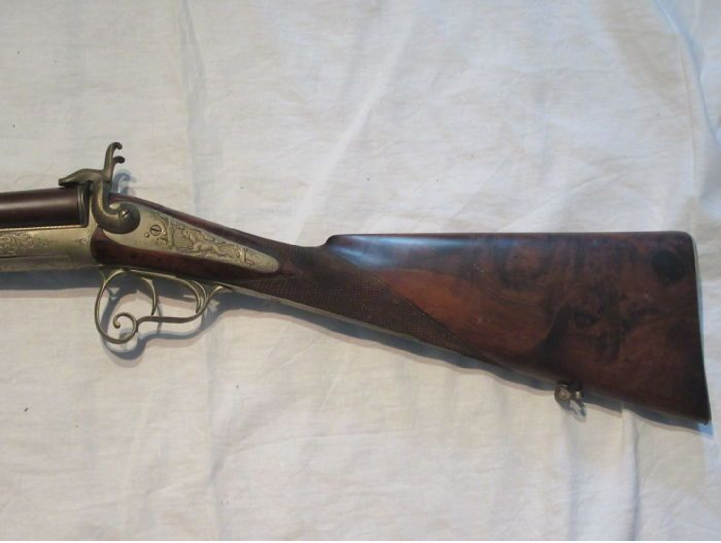 Beautiful pin fire rifle engraved with scene of hunting and animals