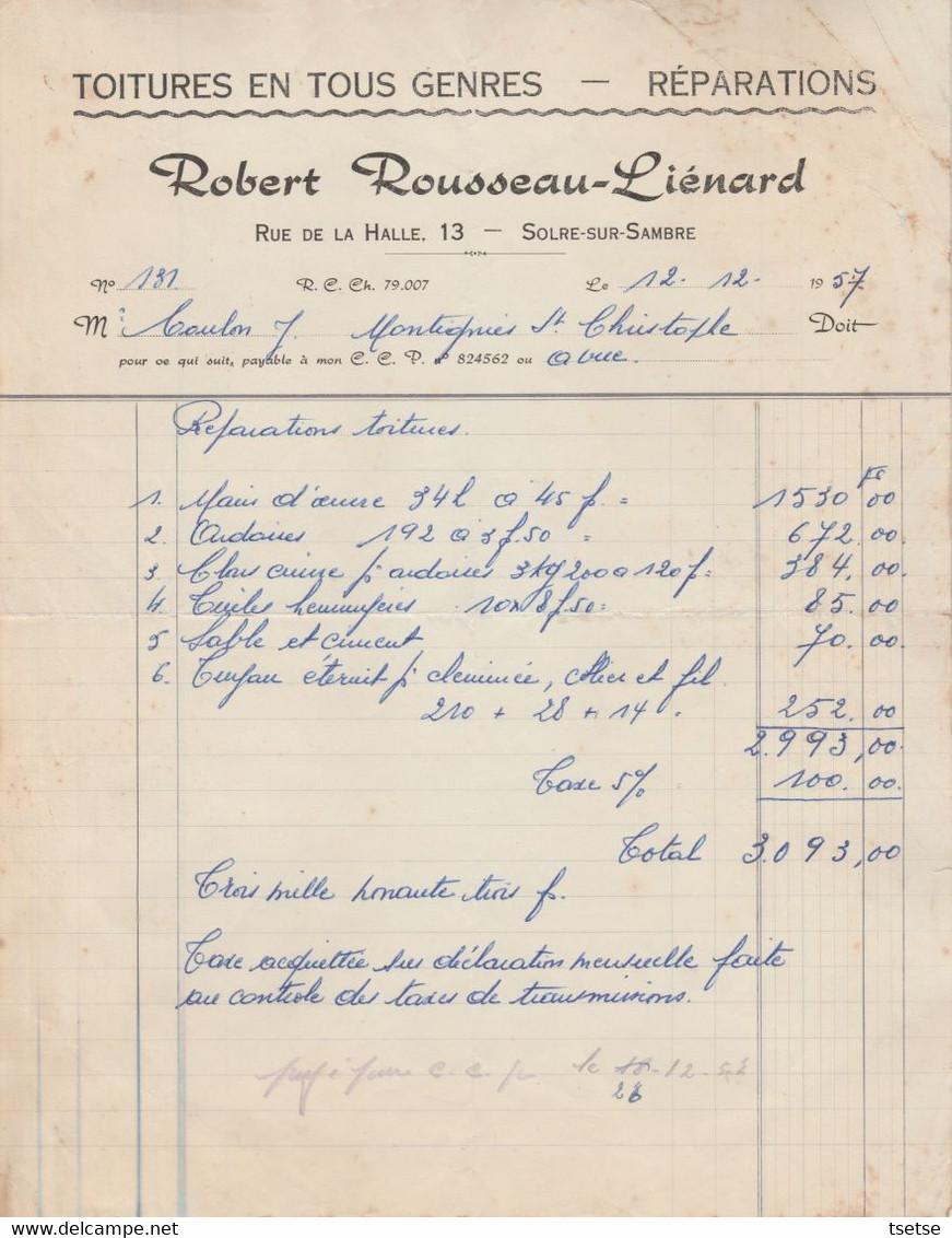 Facture / Document - Robert Rouseau-Liénard / Toitures En Tous Genres - Solre-sur-Sambre - 1957 - 1950 - ...