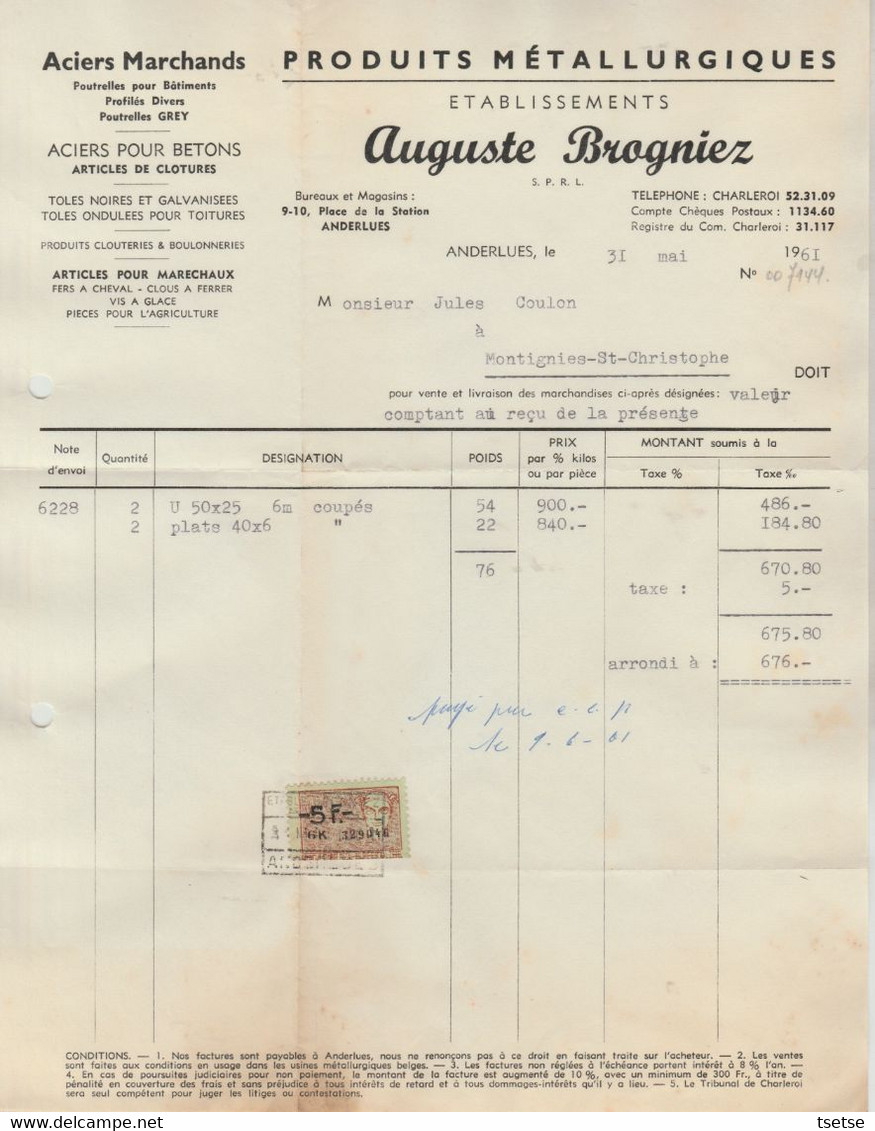 Facture / Document - Auguste Brogniez / Produits Métallurgiques - Anderlues - 1961 - 1950 - ...