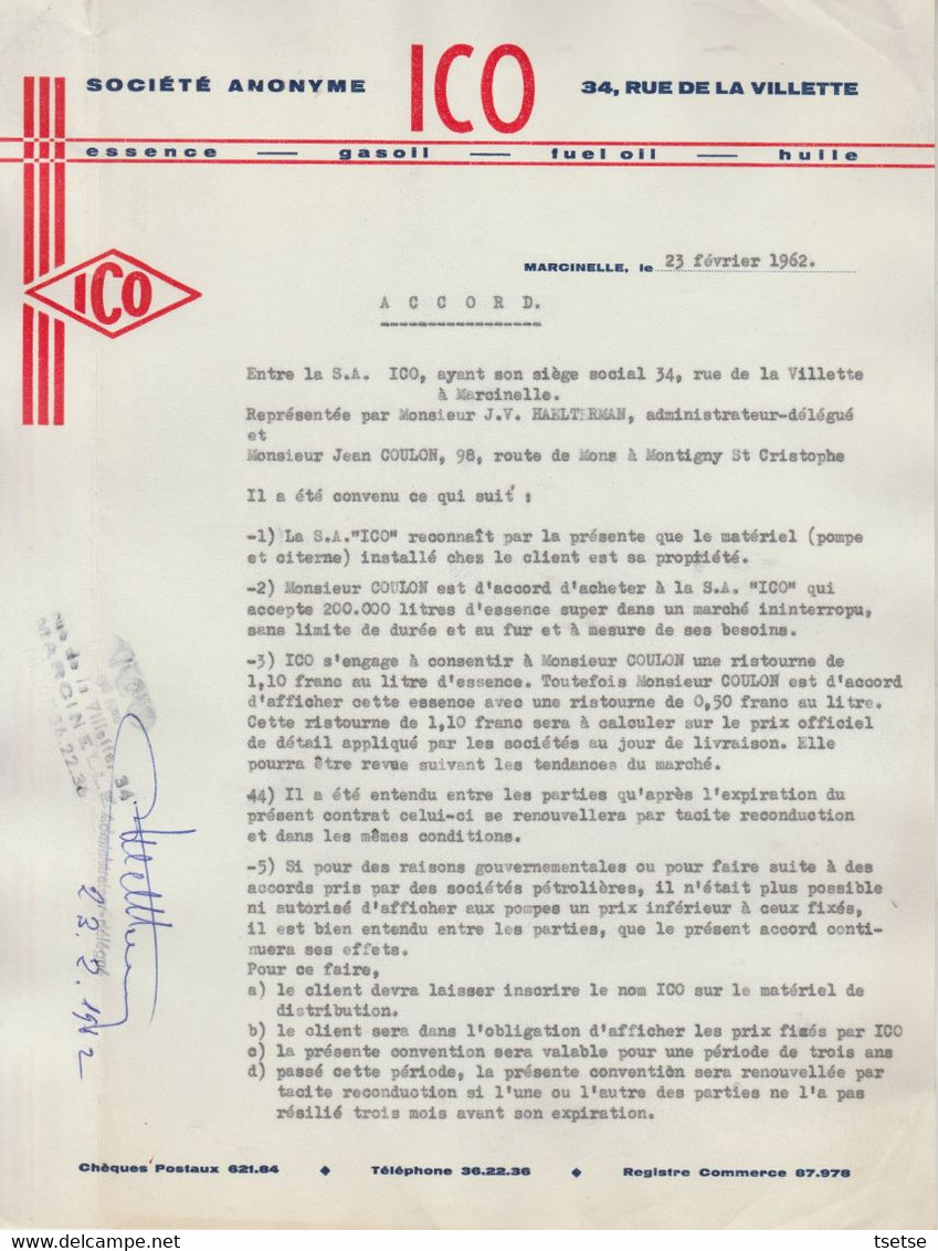 Facture / Document -  Société ICO / Essence-Gasoil-Fuel Oil -Huile - Marcinelle - 1962 - 1950 - ...