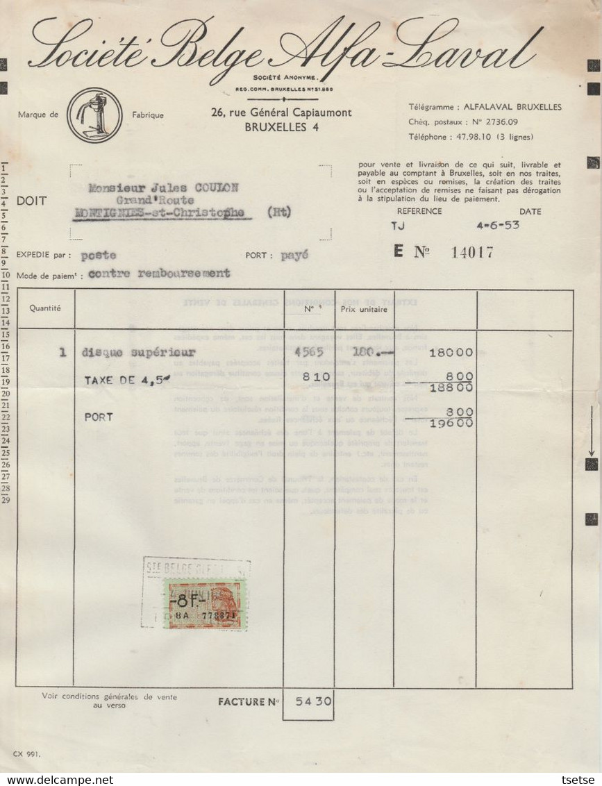 Facture / Document - Société Belge Alfa-Laval - Bruxelles - 1953 - 1950 - ...