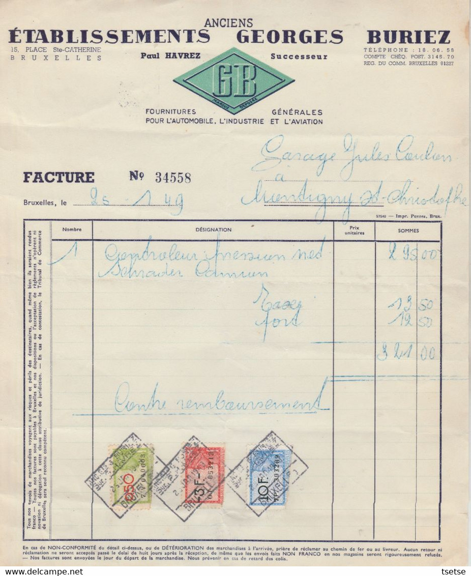 Facture / Document - Etablissements Georges Buriez / Pour L'Automobile, L'Industrie Et L'Aviation - Bruxelles- 1949 - 1900 – 1949