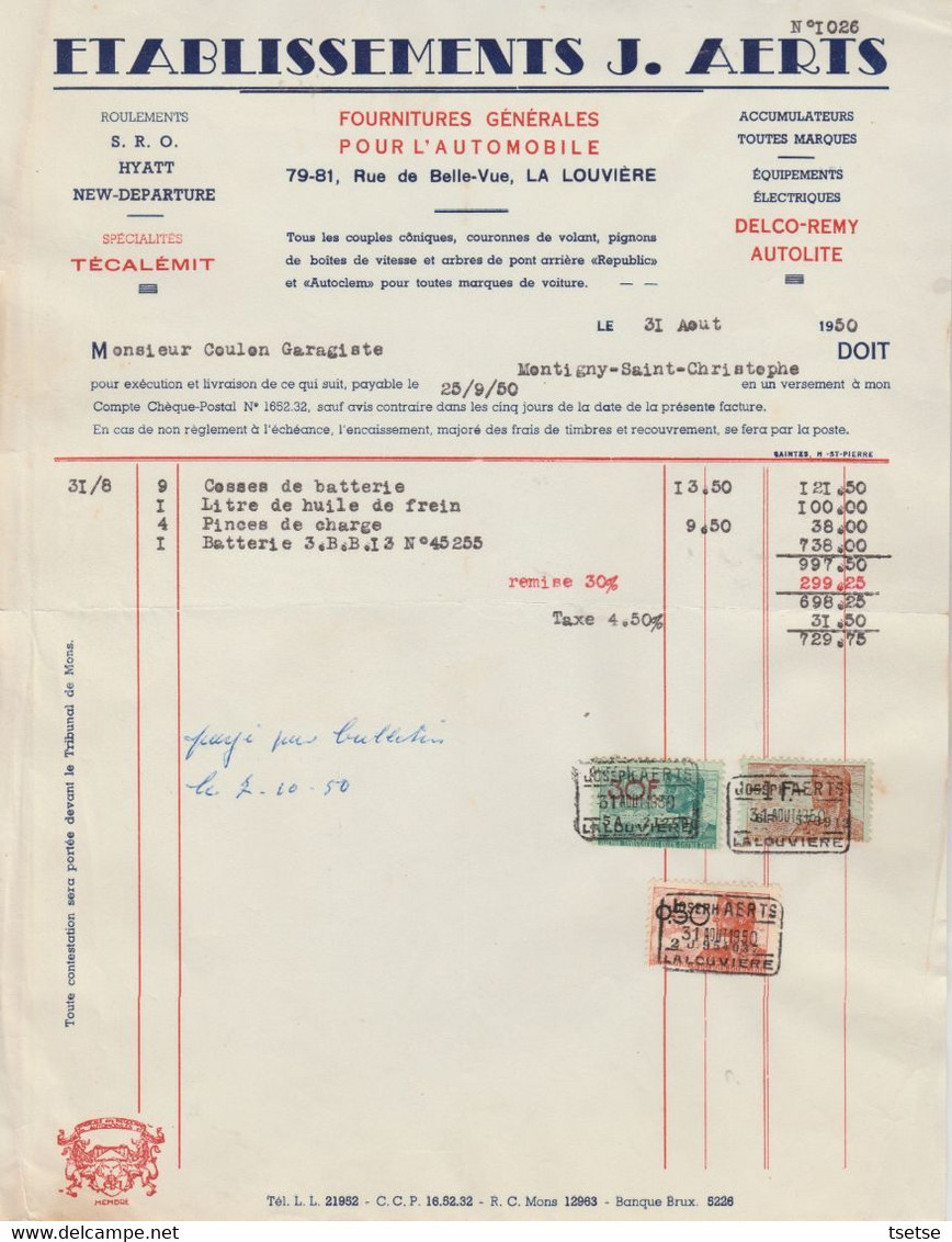 Facture / Document - Etablissements J. Aerts / Fournitures Pour L'Automobile - La Louvière - 1950 - 1950 - ...