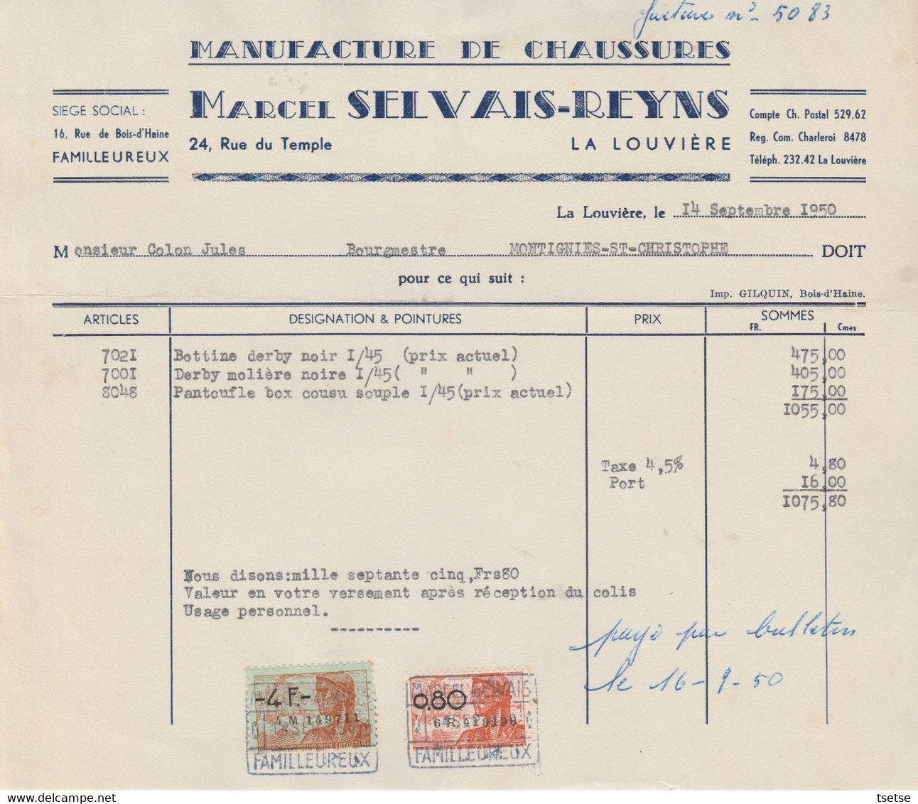 Facture / Document - Marcel Selvais-Reyns / Manufacure De Chaussures - La Louvière - 1950 - 1950 - ...