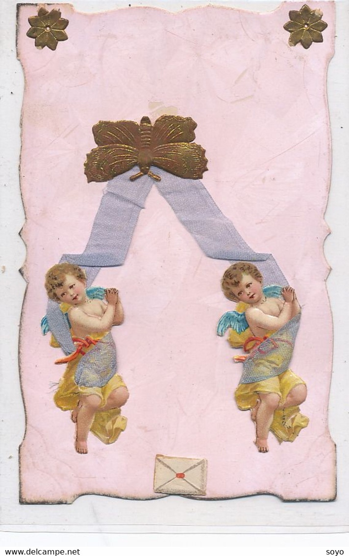 Superb Chromo Cupid Card Silk Butterfly Angelot Soie Papillon - Anges