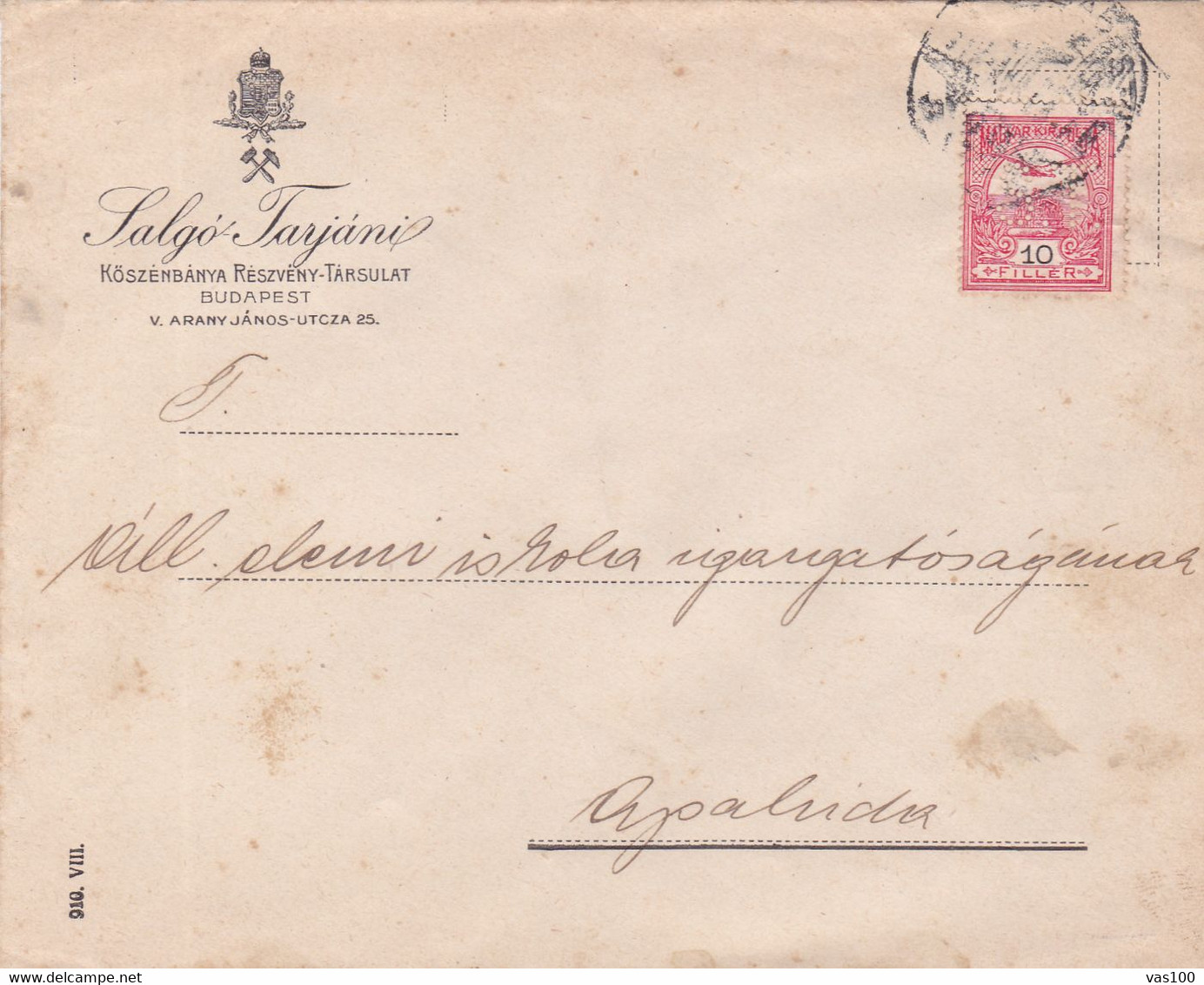 PERFINS PERFORE,HUNGARIA, COMMERCIAL PATENT SALGO TARJANI  "S T ", 1903 COVER TO APAHIDA ROMANIA. - Perforiert/Gezähnt