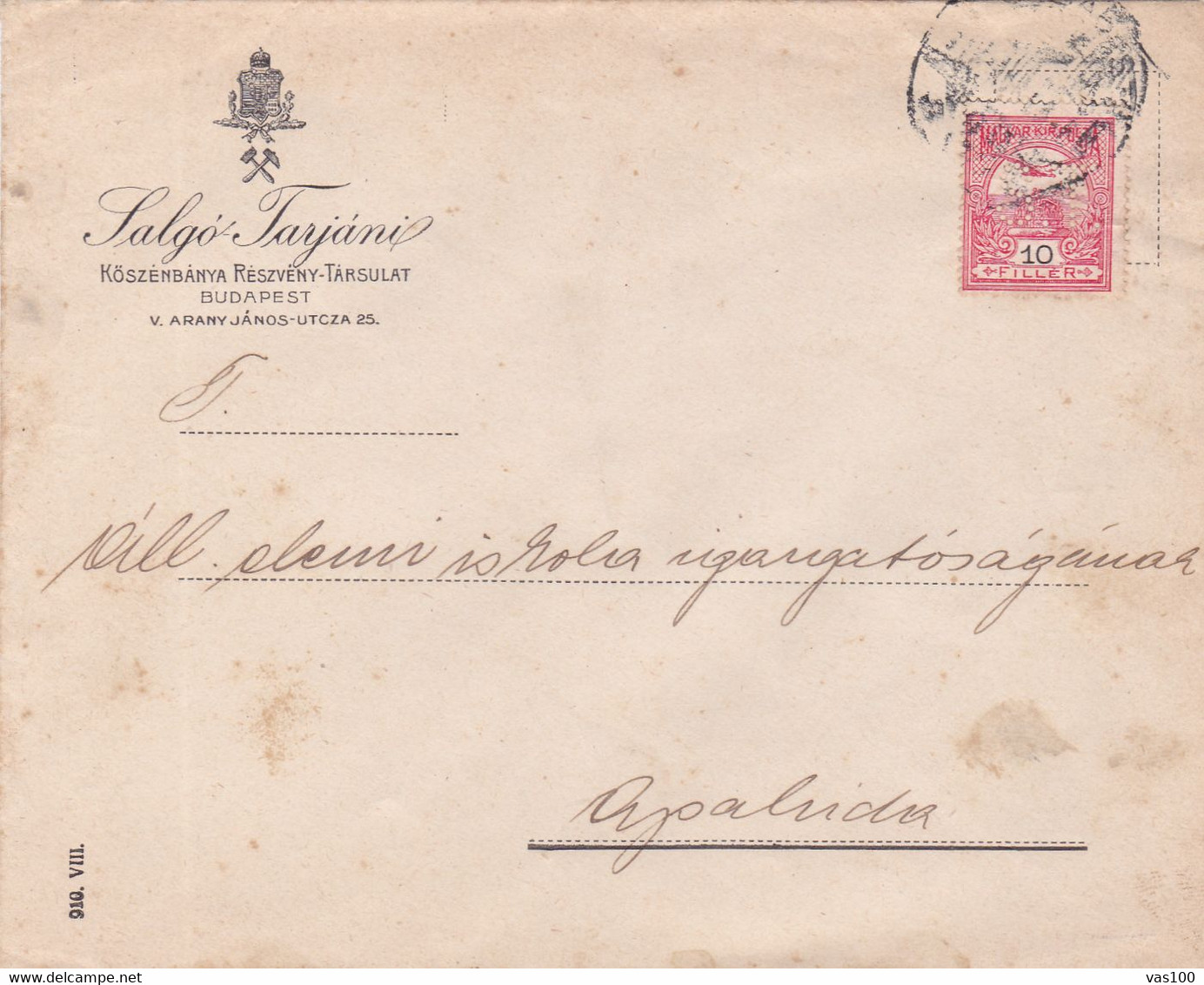 PERFINS PERFORE,HUNGARIA, COMMERCIAL PATENT SALGO TARJANI  "S T ", 1903 COVER TO APAHIDA ROMANIA. - Perforés