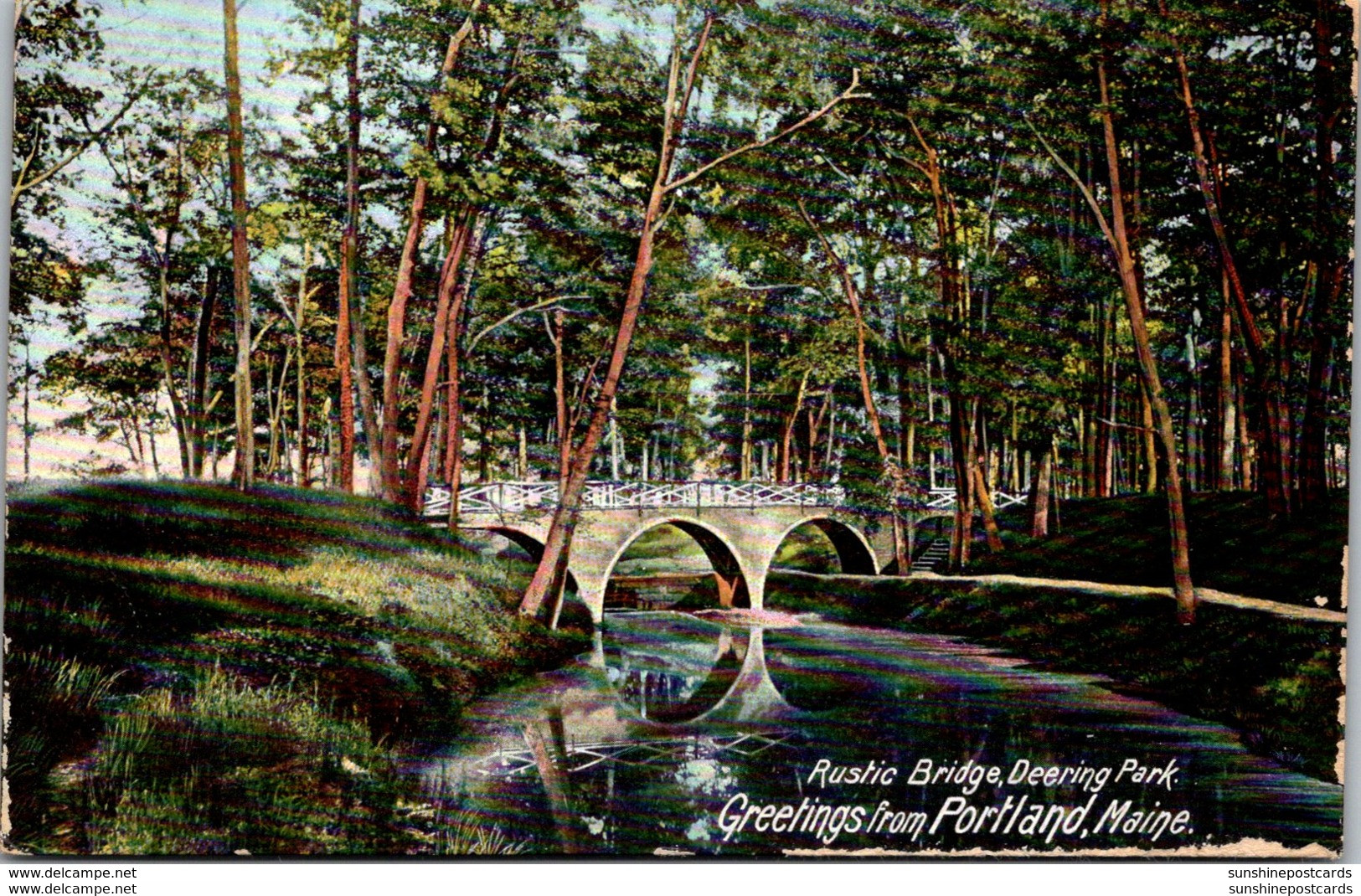 Maine Portland Greetings Showing Rustic Bridge In Deering Park 1908 - Portland