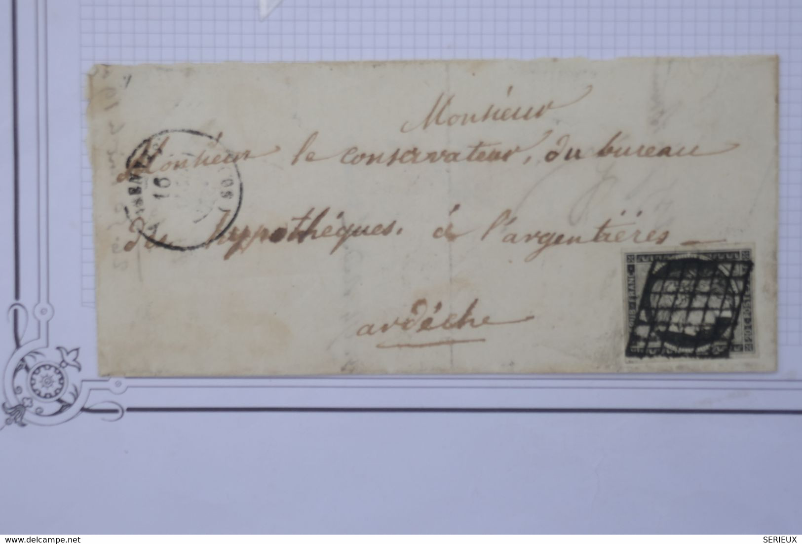 AX10 FRANCE  BELLE LETTRE INCOMPLETE  16 AVRIL  1849  N° 3 NOIR /BLANC  POUR LARGENTIERE++AFFRANCH. INTERESSANT - 1849-1850 Ceres