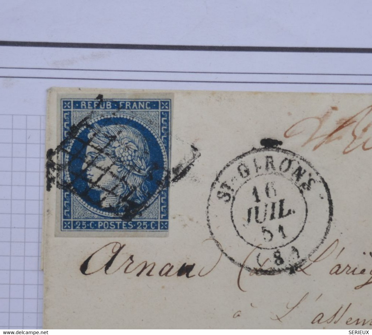 AX10 FRANCE  BELLE LETTRE 16 JUIL. 1851 N°4 ST GIRONS  POUR PARIS  ++AFFRANCH. INTERESSANT - 1849-1850 Ceres