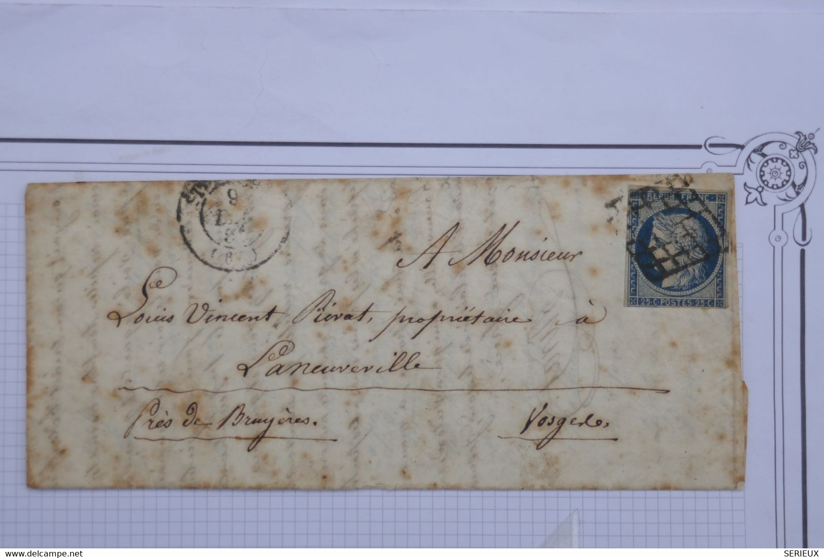 AX10 FRANCE  BELLE LETTRE  1850 N°4 BISCHEIM   POUR EPINAL LANEUVILLE  ++AFFRANCH. INTERESSANT - 1849-1850 Ceres