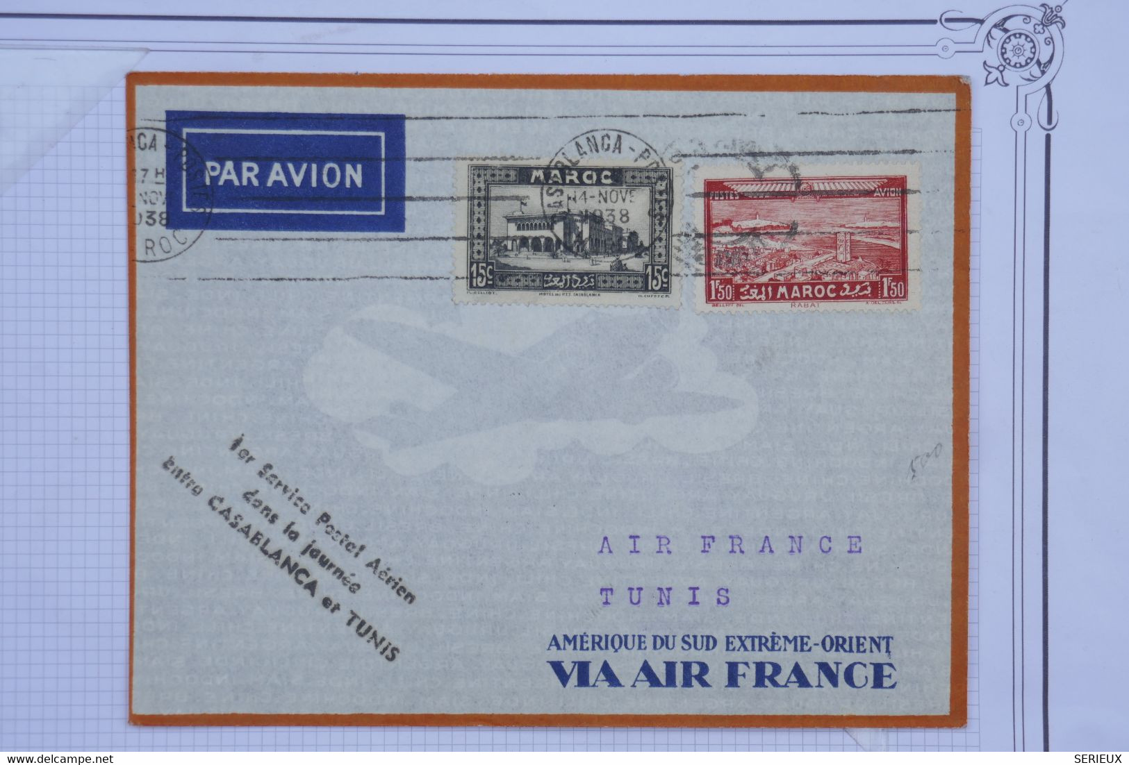 AX10 MAROC  BELLE LETTRE  1938 1ER VOL NUIT CASABLANCA TUNIS  +AFFRANCH. INTERESSANT - Poste Aérienne