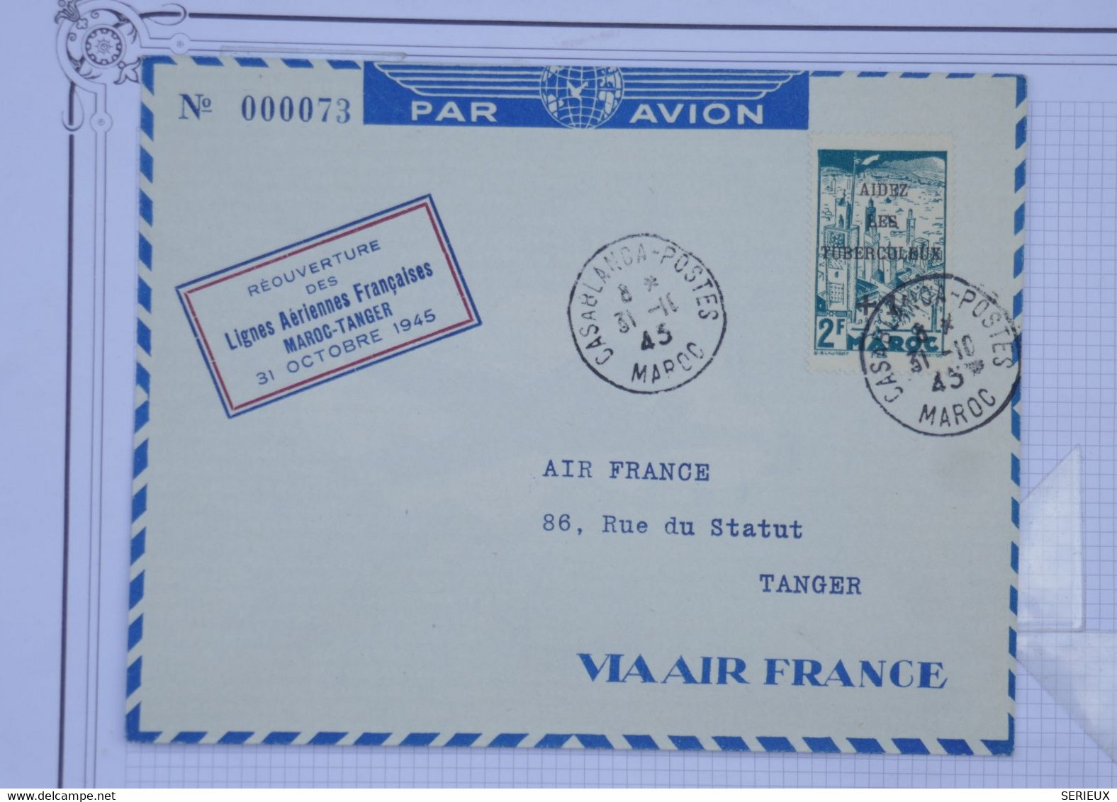 AX10 MAROC  BELLE LETTRE  1945 REOUVERTURE  CASABLANCA TANGER +SURCHARGE TUBERCULEUX   +AFFRANCH. INTERESSANT - Airmail