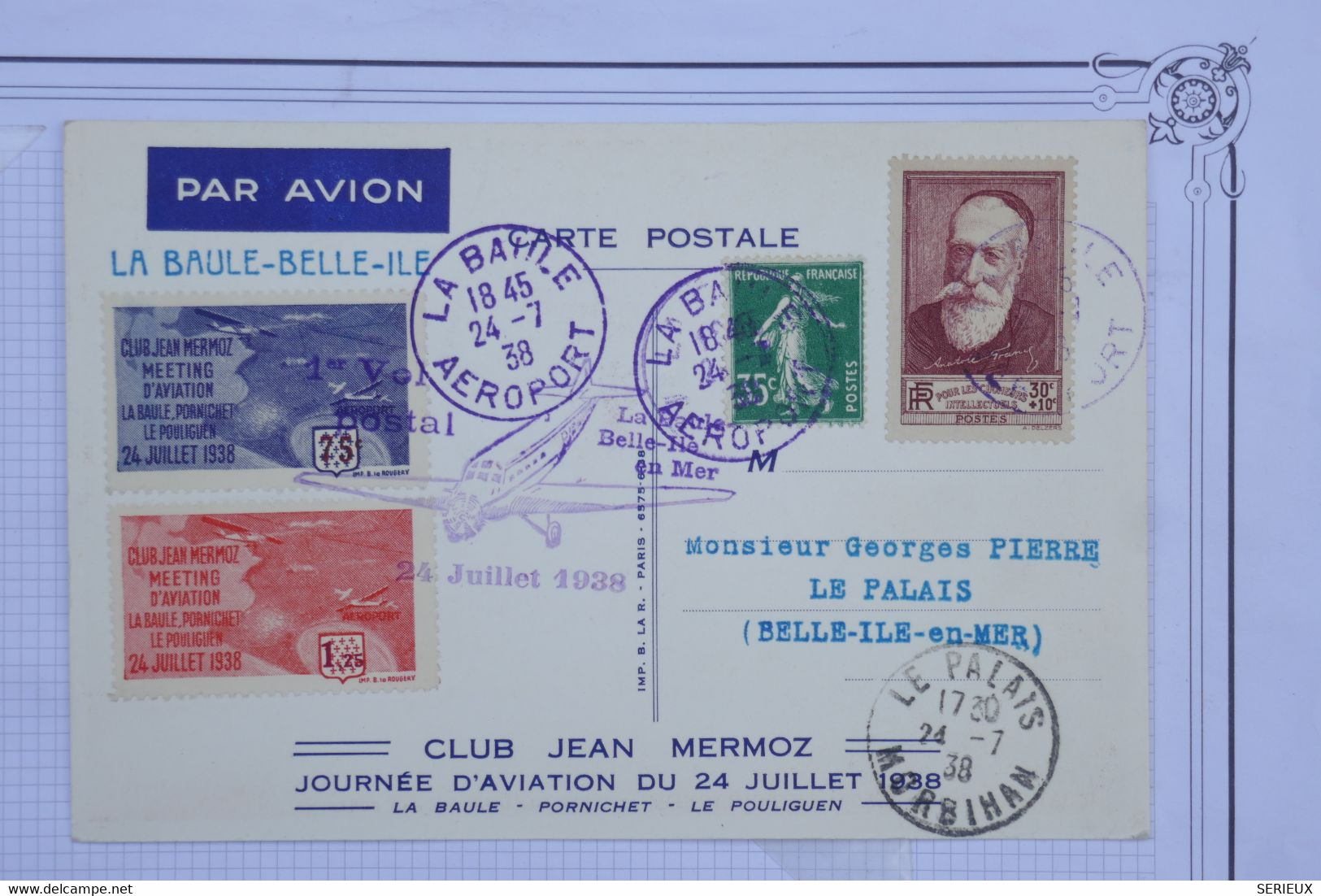 AX10 FRANCE  BELLE CARTE RR 1938 1ER VOL MEETING LA BAULE / LE PALAIS +MERMOZ++VIGNETTES +AFFRANCH.PLAISANT - Primi Voli