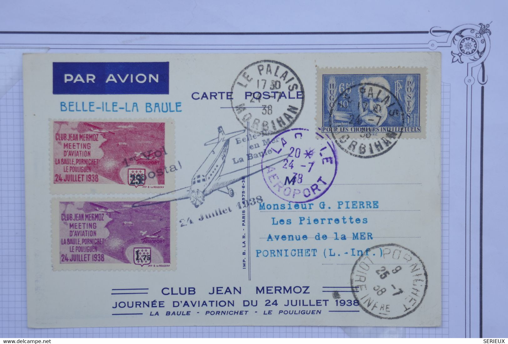 AX10 FRANCE  BELLE CARTE RR 1938 1ER VOL MEETING LA BAULE / LE PALAIS +MERMOZ++VIGNETTES +AFFRANCH.PLAISANT - 1960-.... Lettres & Documents