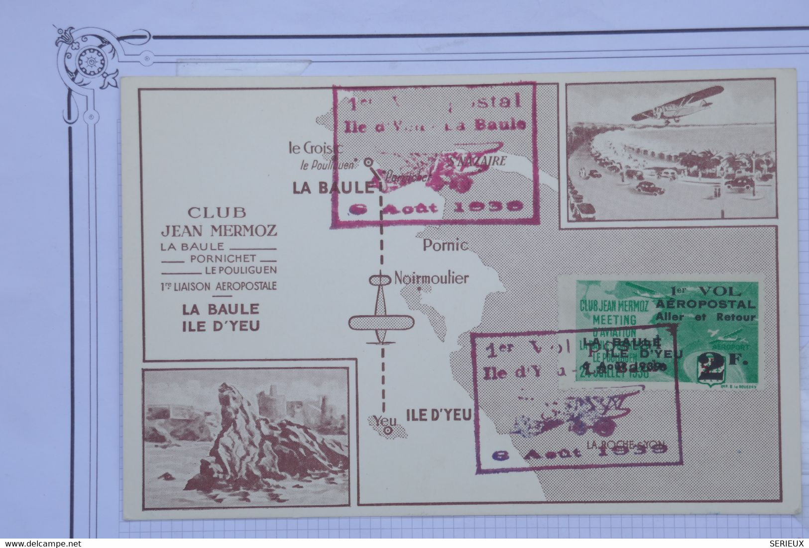 AX10 FRANCE  BELLE CARTE RR 1939 1ER VOL POSTAL ILE D YEU /  LA BAULE +MERMOZ+VIGNETTES SURCHARGES +AFFRANCH.PLAISANT - 1960-.... Covers & Documents