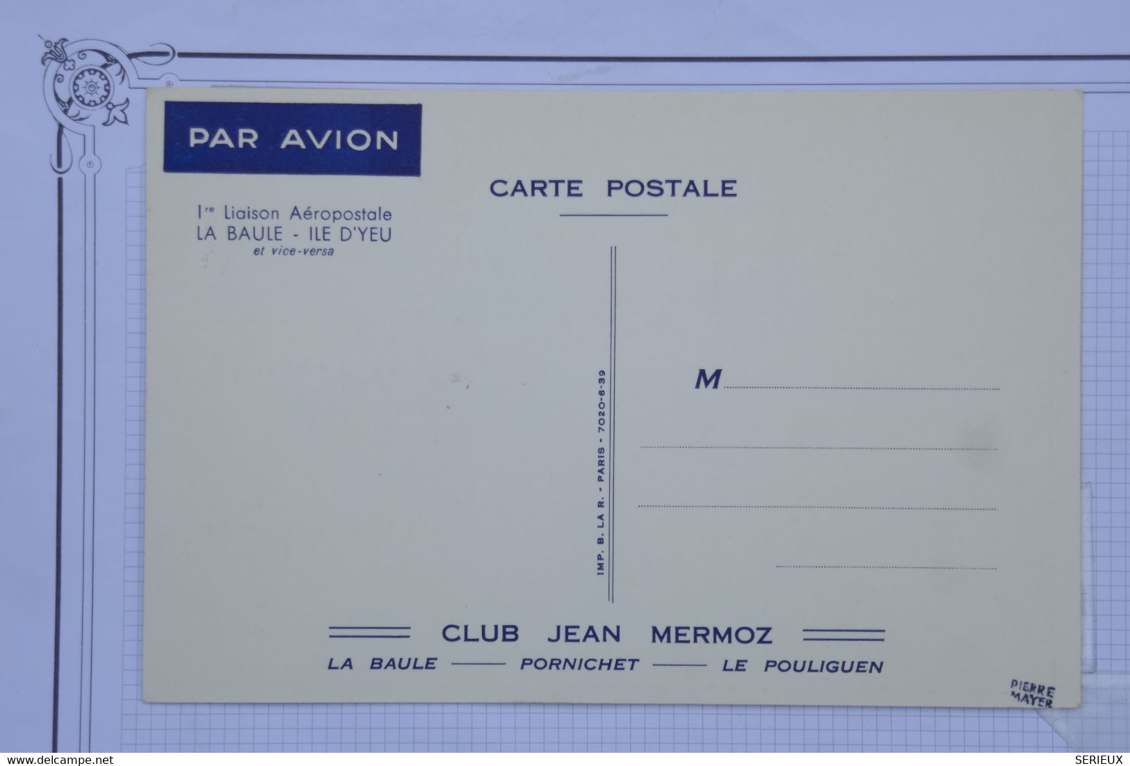 AX10 FRANCE  BELLE CARTE RR 1939 1ER VOL POSTAL ILE D YEU /  LA BAULE +MERMOZ+VIGNETTES SURCHARGES +AFFRANCH.PLAISANT - 1960-.... Storia Postale