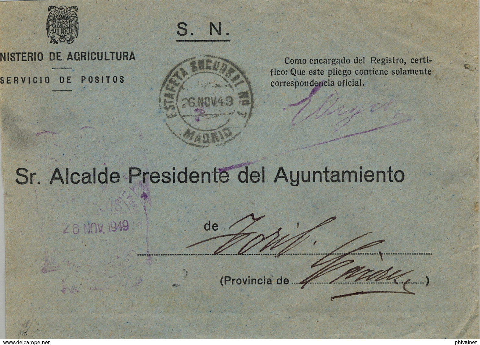 1949 , MADRID , MINISTERIO DE AGRICULTURA , SERVICIO DE PÓSITOS , MAT. ESTAFETA SUCURSAL Nº 7 , FRANQUICIA , SOBRE CIRC. - Brieven En Documenten