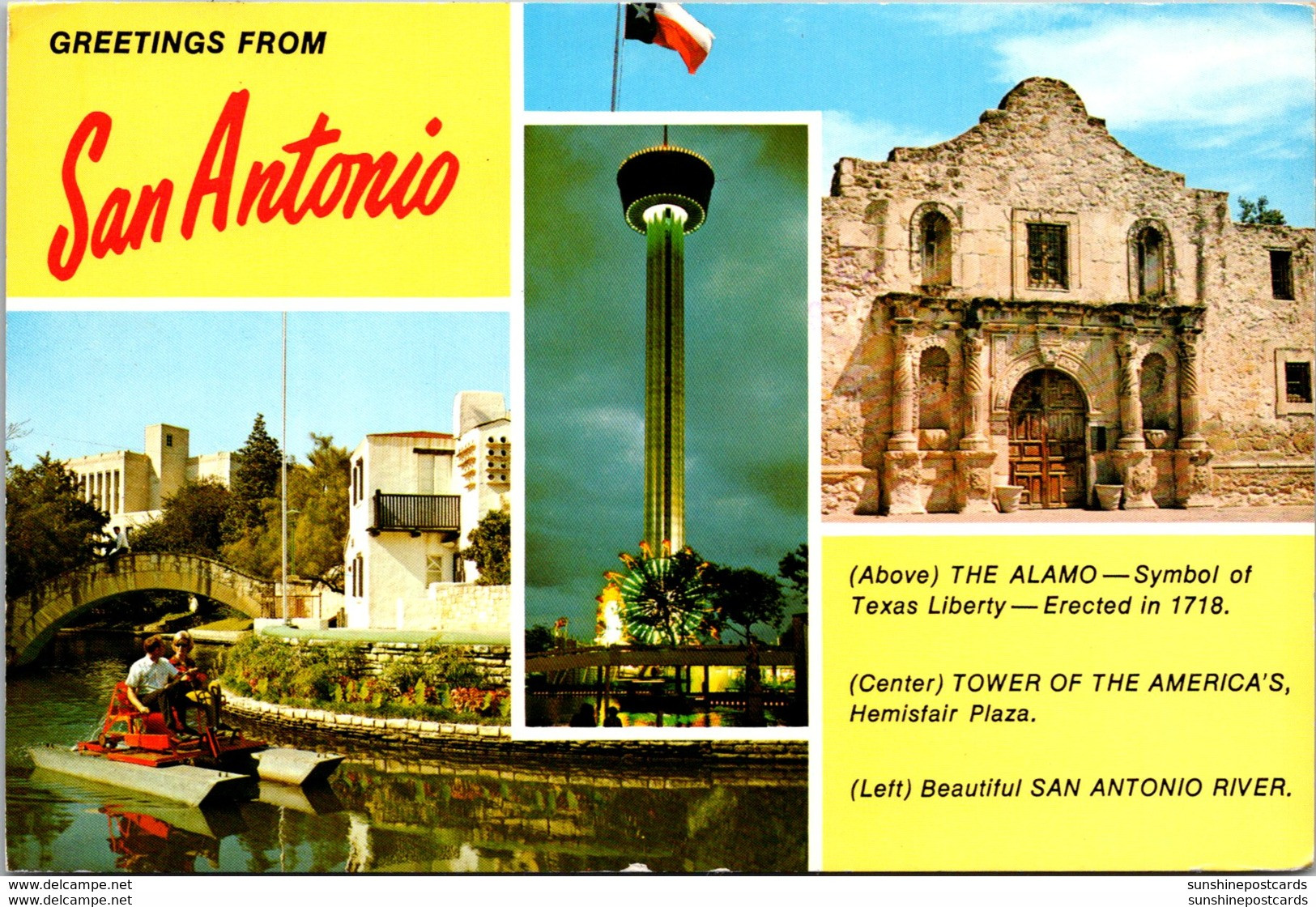 Texas San Antonio Greetings With The Alamo Tower Of The America's And San Antonio River 1982 - San Antonio