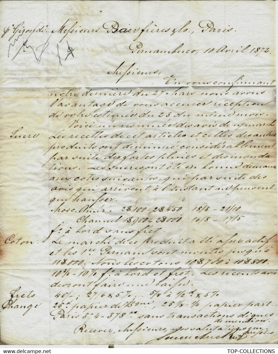 1872 De Pernambuco Brésil LETTRE NEGOCE COMMERCE SUCRE COTON Pour PERIER FRERES Banque  PARIS - Otros & Sin Clasificación