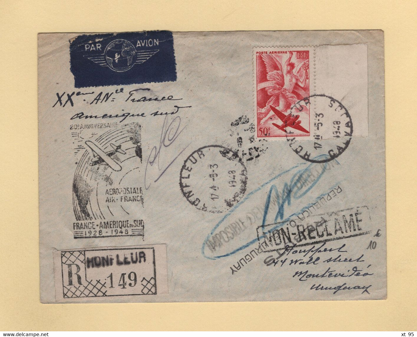 Aeropostale - France Amerique Du Sud - Vol Du 20e Anniversaire - 6-3-1948 - Honfleur - Calvados - 1960-.... Covers & Documents