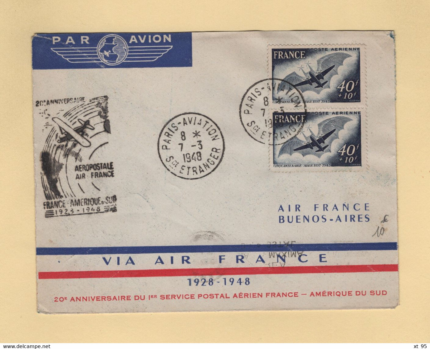 Aeropostale - France Amerique Du Sud - Vol Du 20e Anniversaire - 7-3-1948 - 1960-.... Covers & Documents