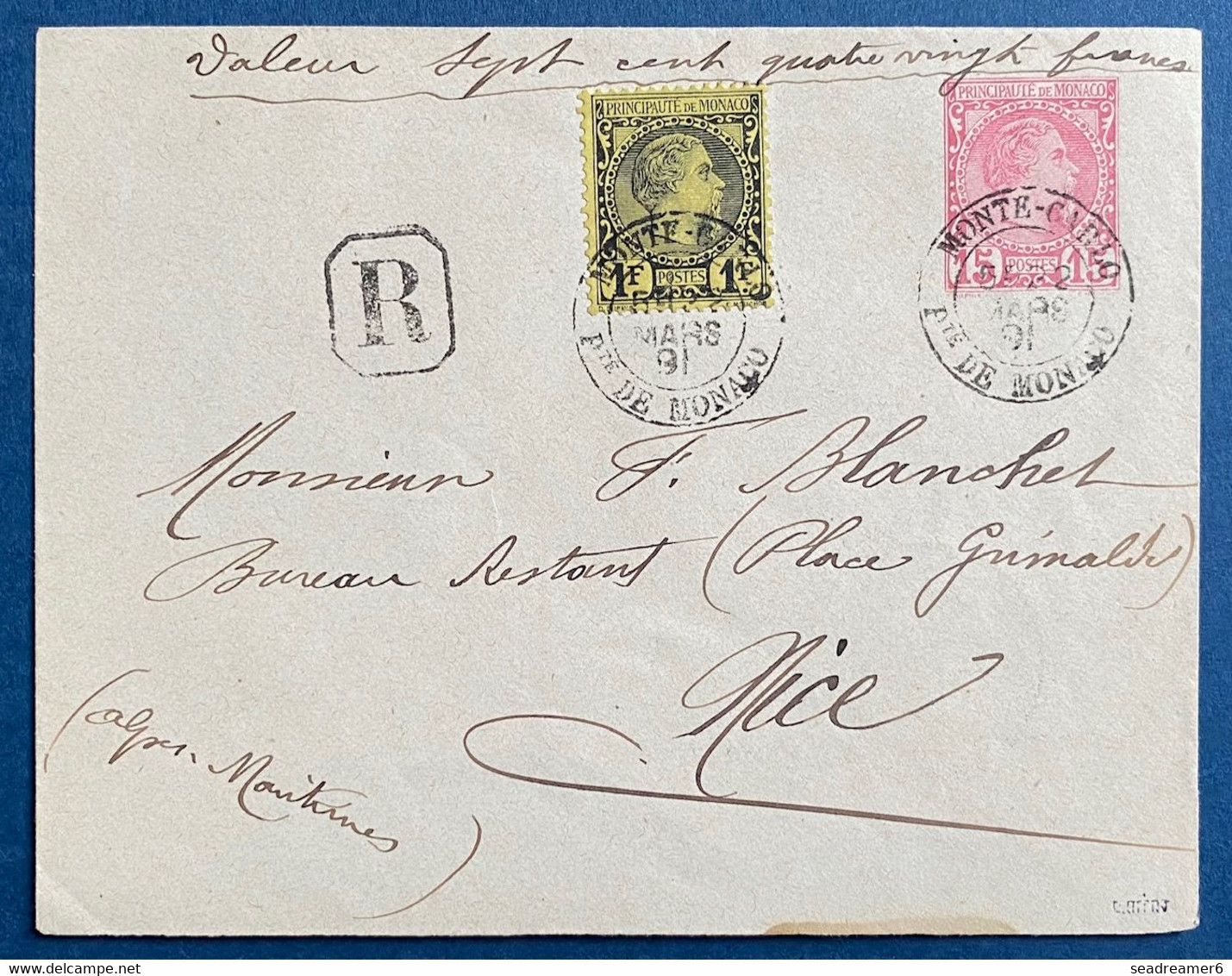 MONACO Entier Lettre 15c Rose Recommandé D'une Valeur De 780FR + Tres Rare N°9 1FR Noir Sur Jaune RR SIGNE L.MIRO - Storia Postale