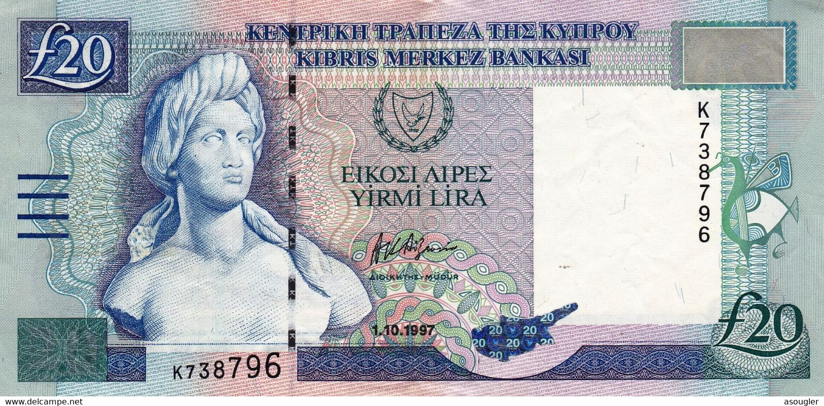 CYPRUS 20 POUNDS 1997 VF-EXF P-63a "free Shipping Via Registered Air Mail" - Chypre