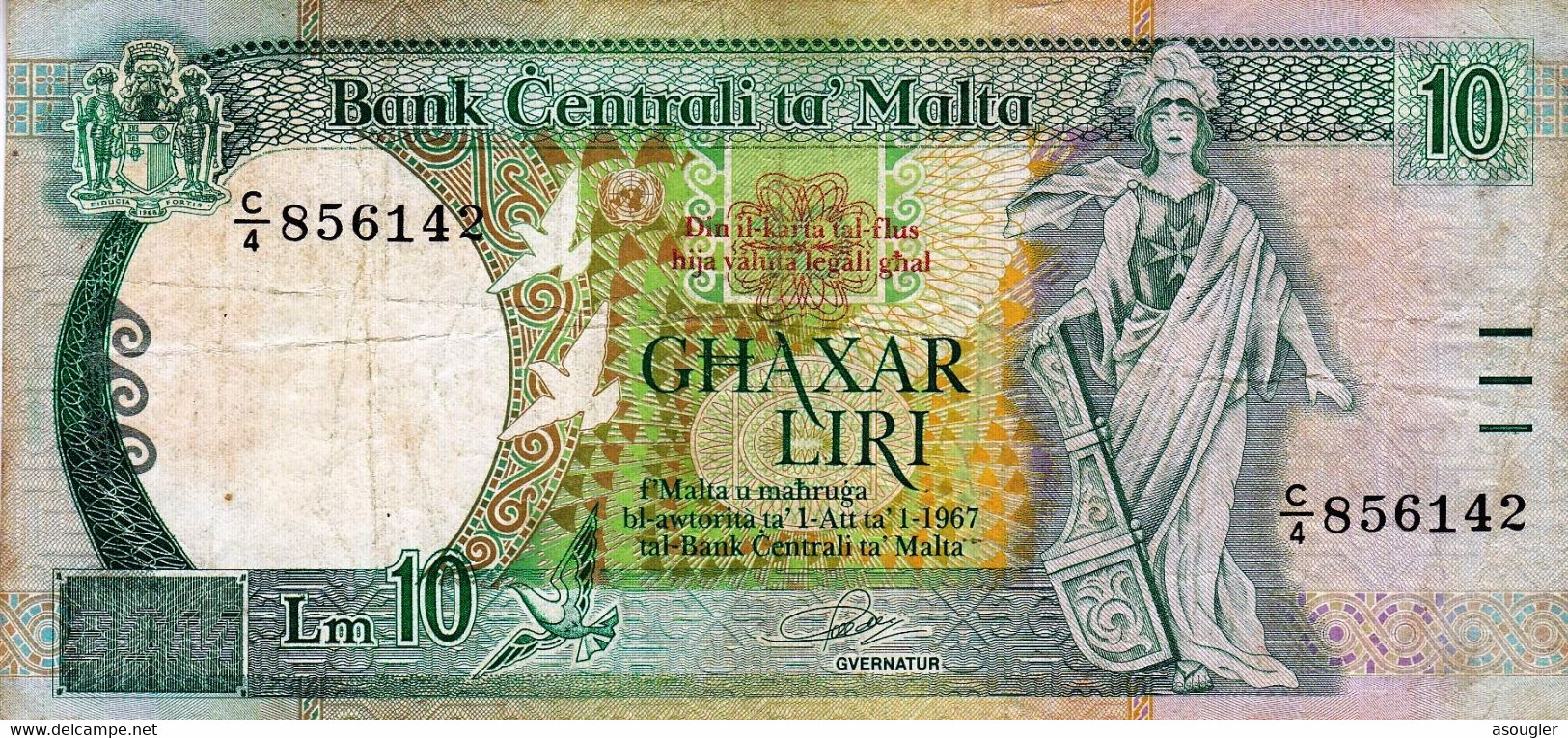 MALTA 10 LIRI LIRA 1989 P-43a VF "free Shipping Via Registered Air Mail" - Malta