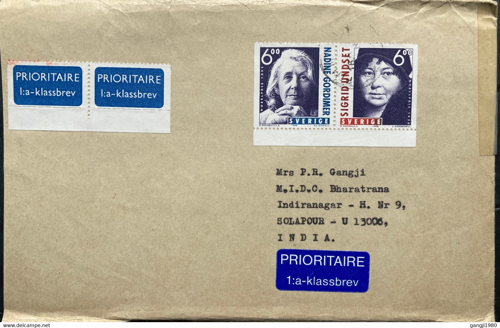 SWEDEN 1998, NADINE GORDIMER & SIGRID UNDSET ,NOBEL PRIZE WINNER SE-TENENT STAMP ,USED COVER TO INDIA - Covers & Documents