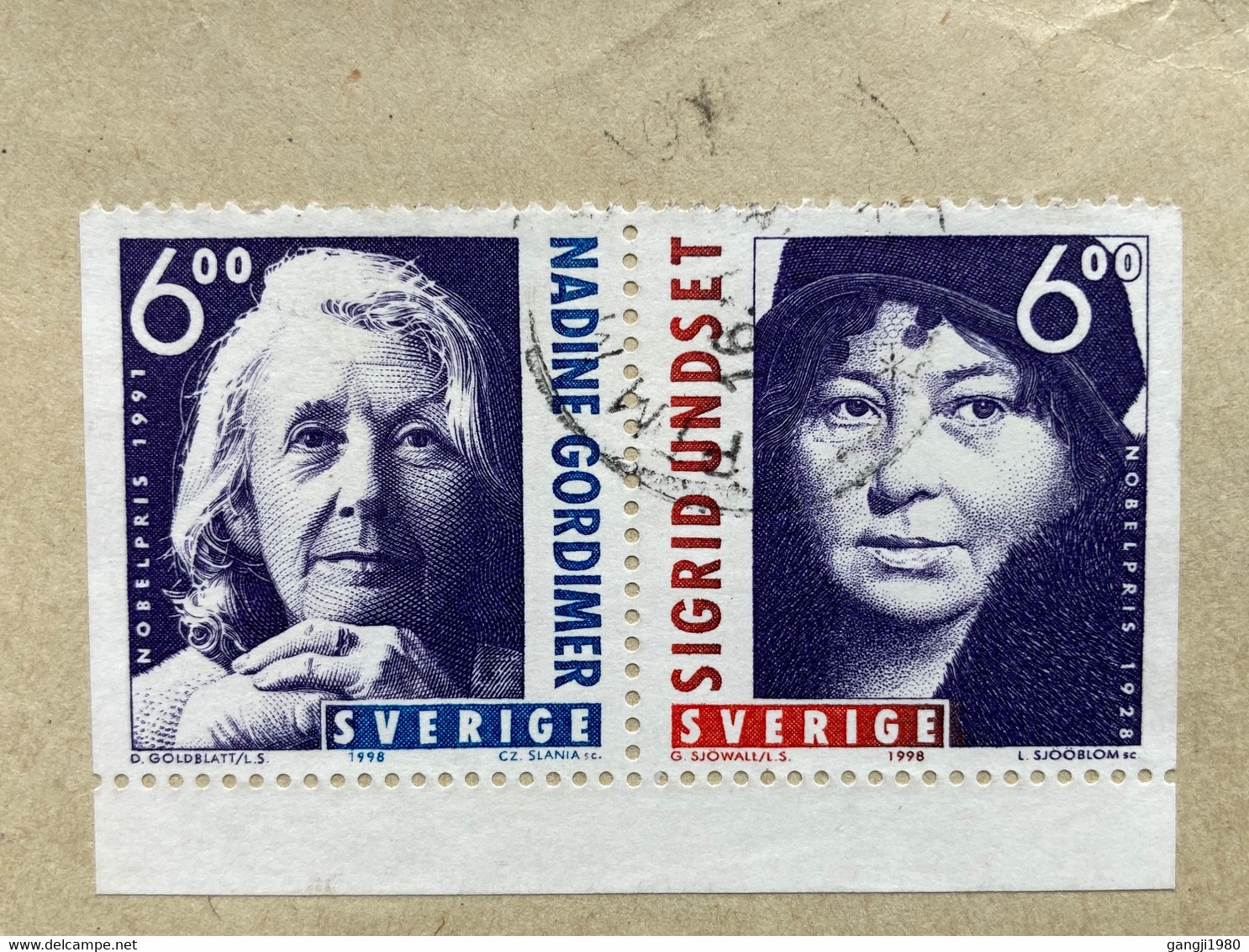 SWEDEN 1998, NADINE GORDIMER & SIGRID UNDSET ,NOBEL PRIZE WINNER SE-TENENT STAMP ,USED COVER TO INDIA - Briefe U. Dokumente