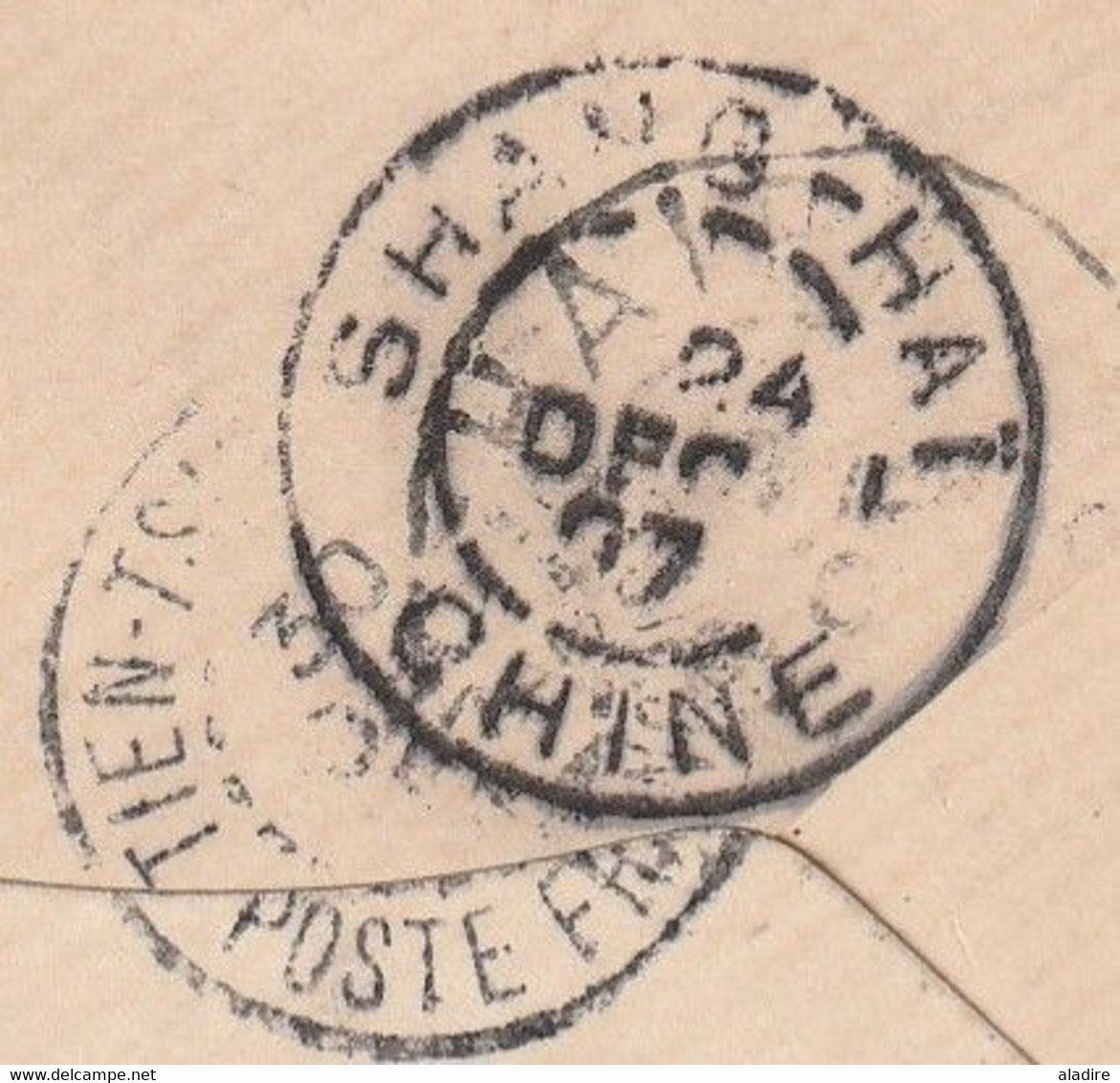 1907 - Entier Postal Enveloppe Mignonnette Type Grasset 5 C  De HANOI, Tonkin Vers Tien Tsin - Via Shanghai - Date 437 - Brieven En Documenten