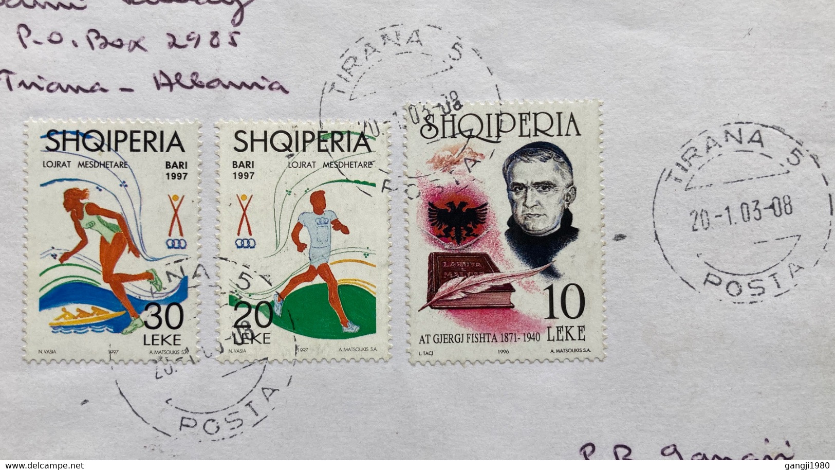 ALBANIA 1997, SPORT GAME ,ATHELETIC 1996, AT GIERGJ FISHTA 3 STAMPS USED COVER TO INDIA,TIRANA CITY CANCELLATION - Albania