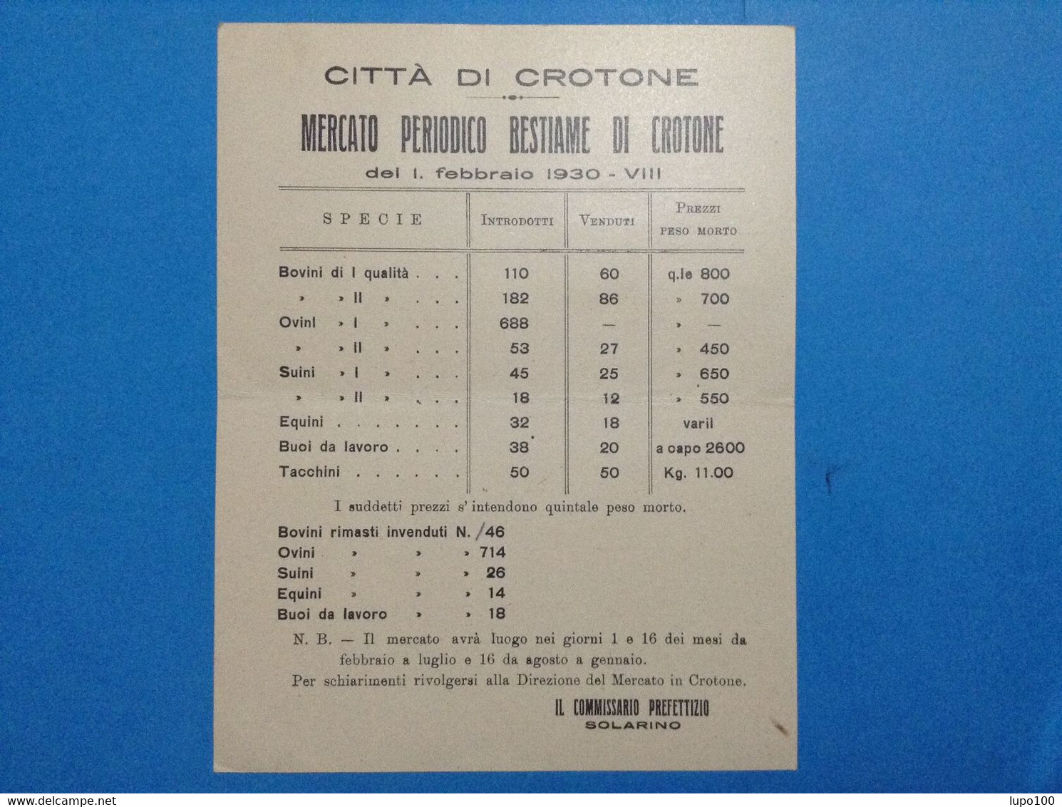 ITALIA REGNO 1930 CITTA' DI CROTONE CARTOLINA MERCATO PERIODICO BESTIAME BOVINI OVINI EQUINI TACCHINI SUINI - Historical Documents