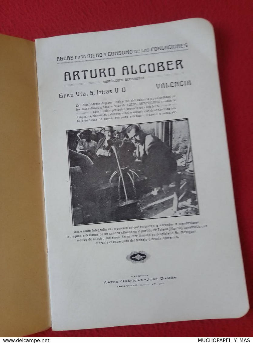 ANTIGUO LIBRO PUBLICACIÓN...ALUMBRAMIENTO DE AGUAS ARTURO ALCOBER HIDRÓSCOPO-GEOGNOSTA VALENCIA RIEGOS, SPAIN WATE EAU.. - Craft, Manual Arts