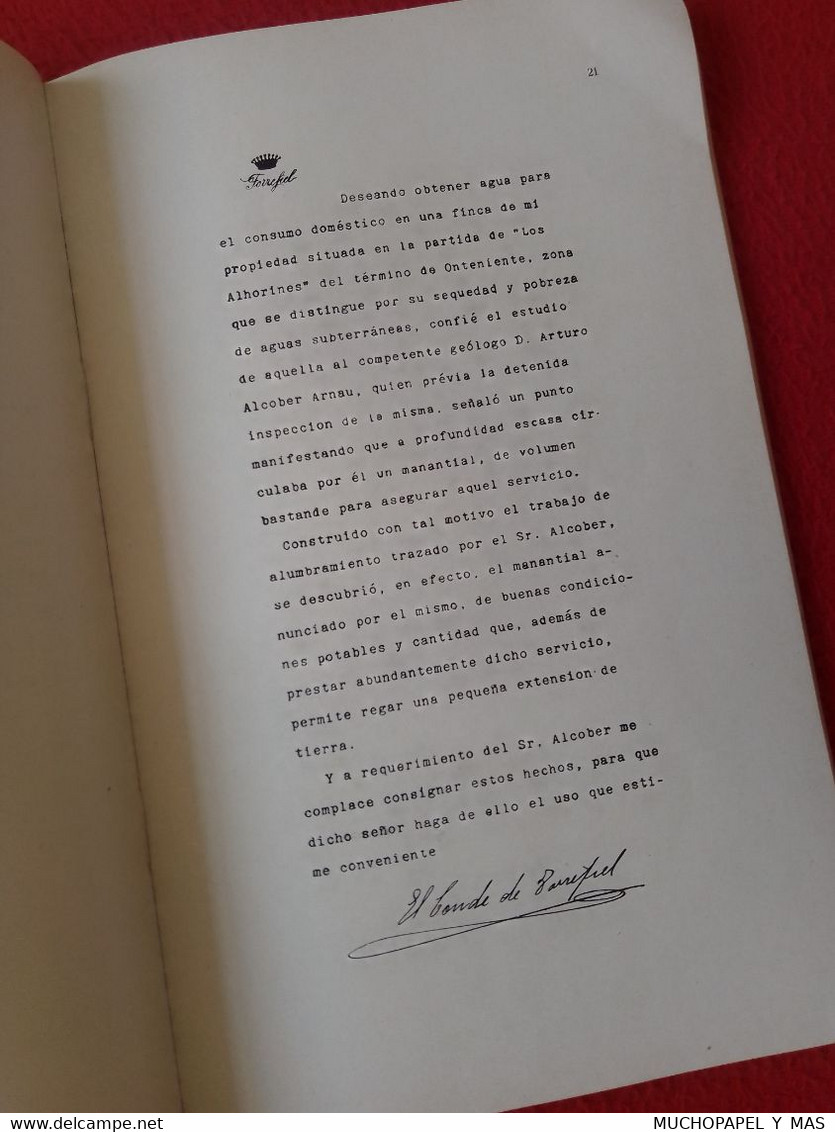 ANTIGUO LIBRO PUBLICACIÓN...ALUMBRAMIENTO DE AGUAS ARTURO ALCOBER HIDRÓSCOPO-GEOGNOSTA VALENCIA RIEGOS, SPAIN WATE EAU..