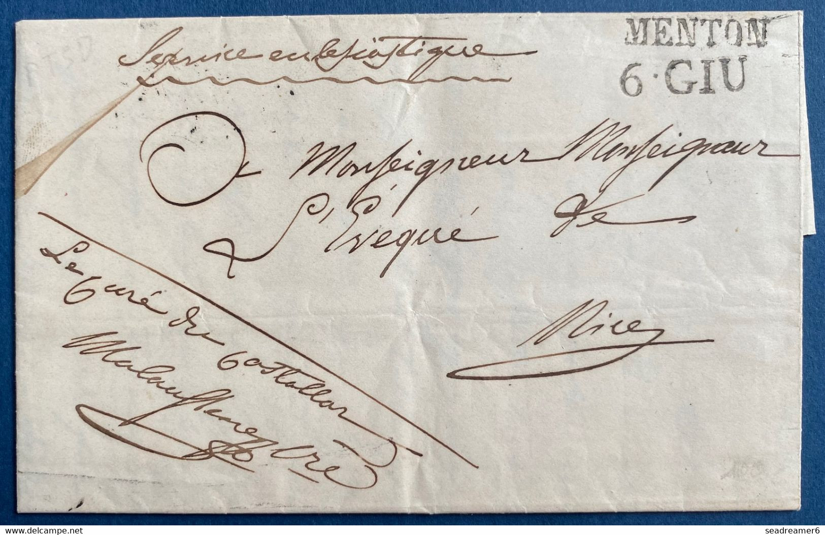 MONACO En Franchise : Service Ecclesiastique à L'eveque De Nice Lettre Marque Linéaire SARDE 24mm " MENTON 6.GIU " Rare - ...-1885 Voorlopers