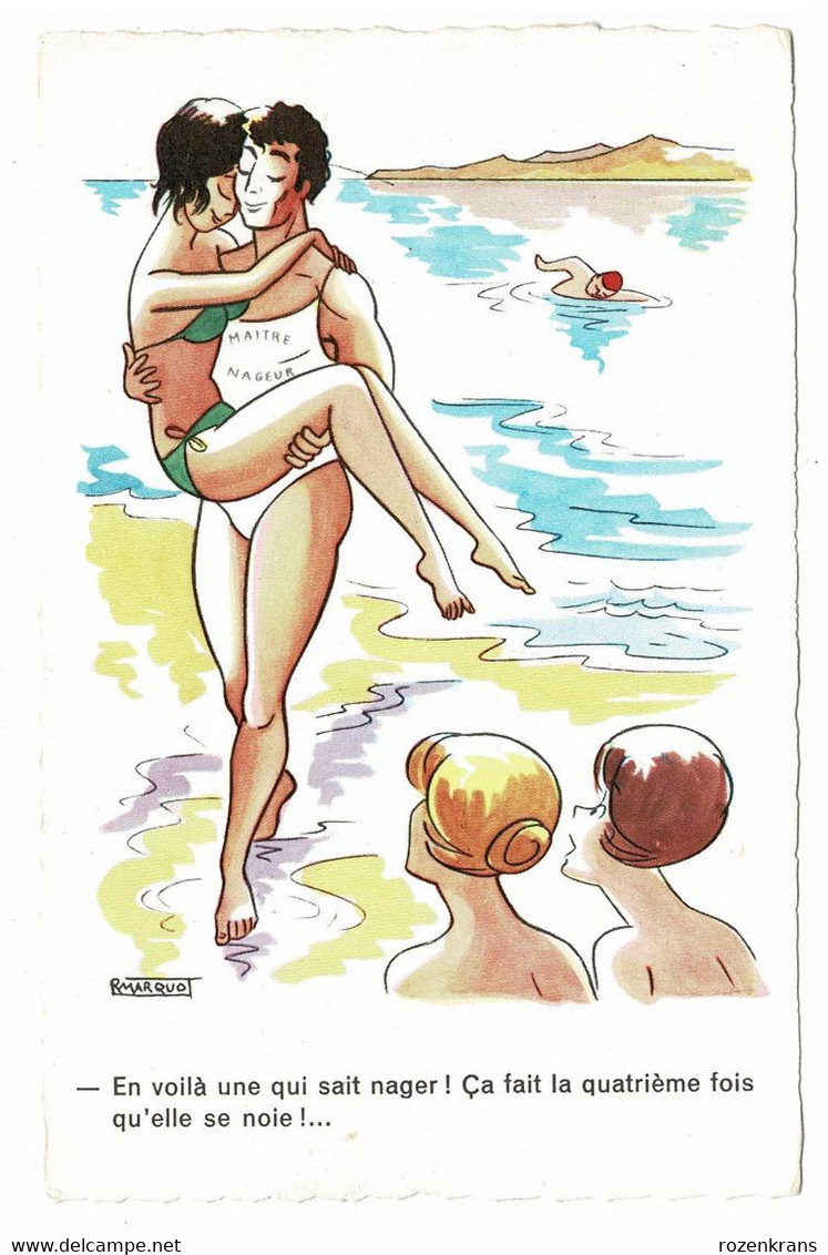 Illustrateur R. Marquo Marquot Humor Humour Pin Up Sexy Girl Man Bikini Nageur-Sauveteur Maillot De Bain Erotique AK - Chaperon, Jean