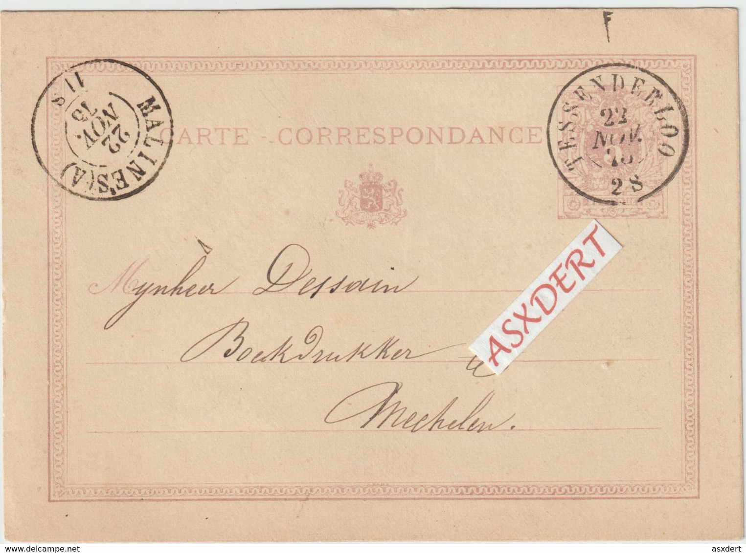 CP  5 Ctm. Afst. Dc. Tessenderloo 1875 Naar Mechelen - Briefkaarten 1871-1909