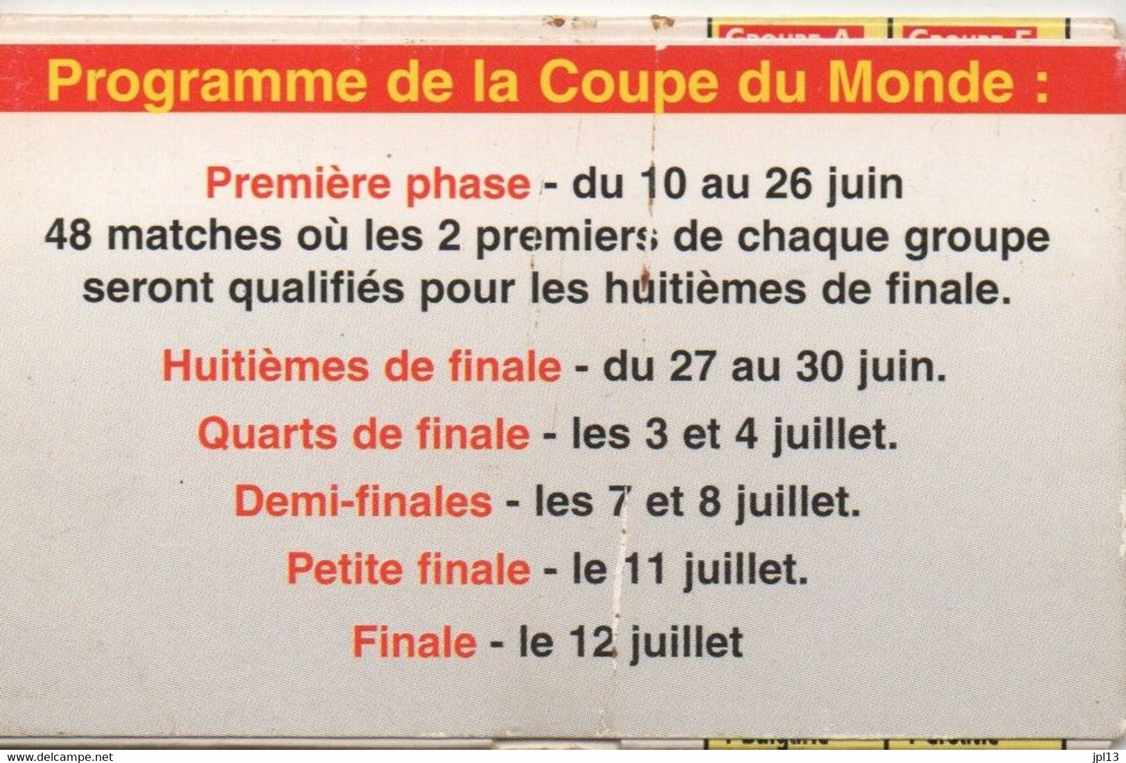 Carte Calendrier - France - Calendrier Coupe Du Monde De Football 1998 - Autres & Non Classés