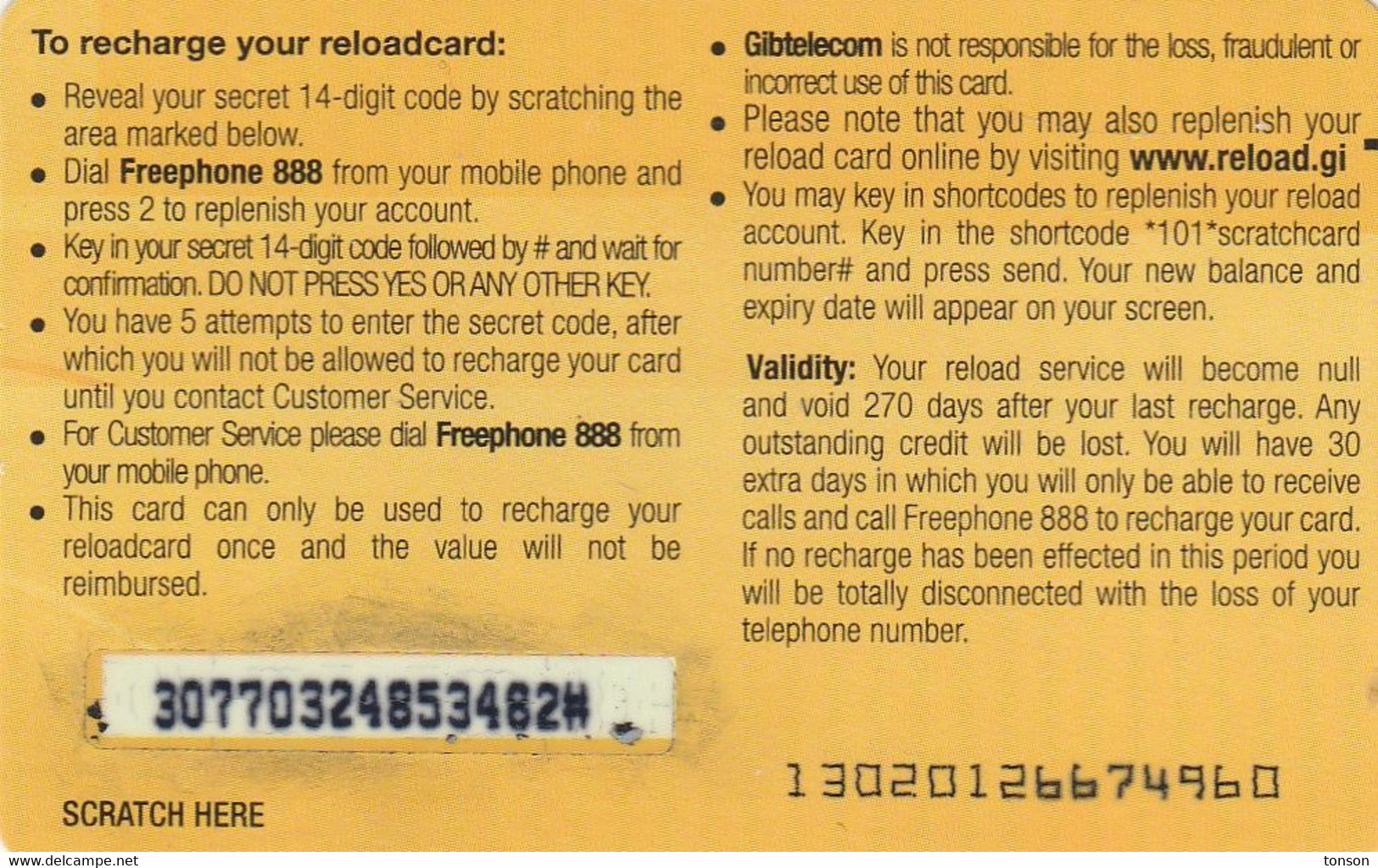 Gibraltar, GSM Recharge Card, 2 Scans. - Gibraltar