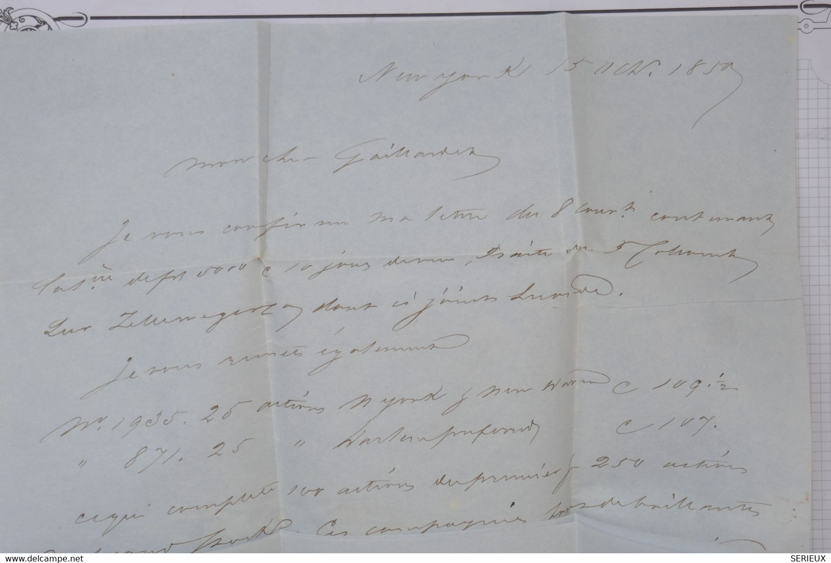 AX12 ETATS UNIS   BELLE LETTRE RARE COLONIES 1850  NEW YORK POUR PARIS  FRANCE  ++AFFRANCH. PLAISANT - …-1845 Préphilatélie