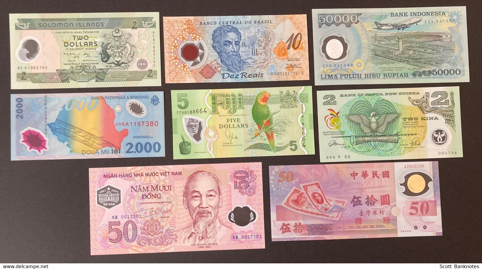 8 X Uncirculated Polymer Banknotes, Inc. China, Fiji, New Guinea, Indonesia And More. - Andere - Azië