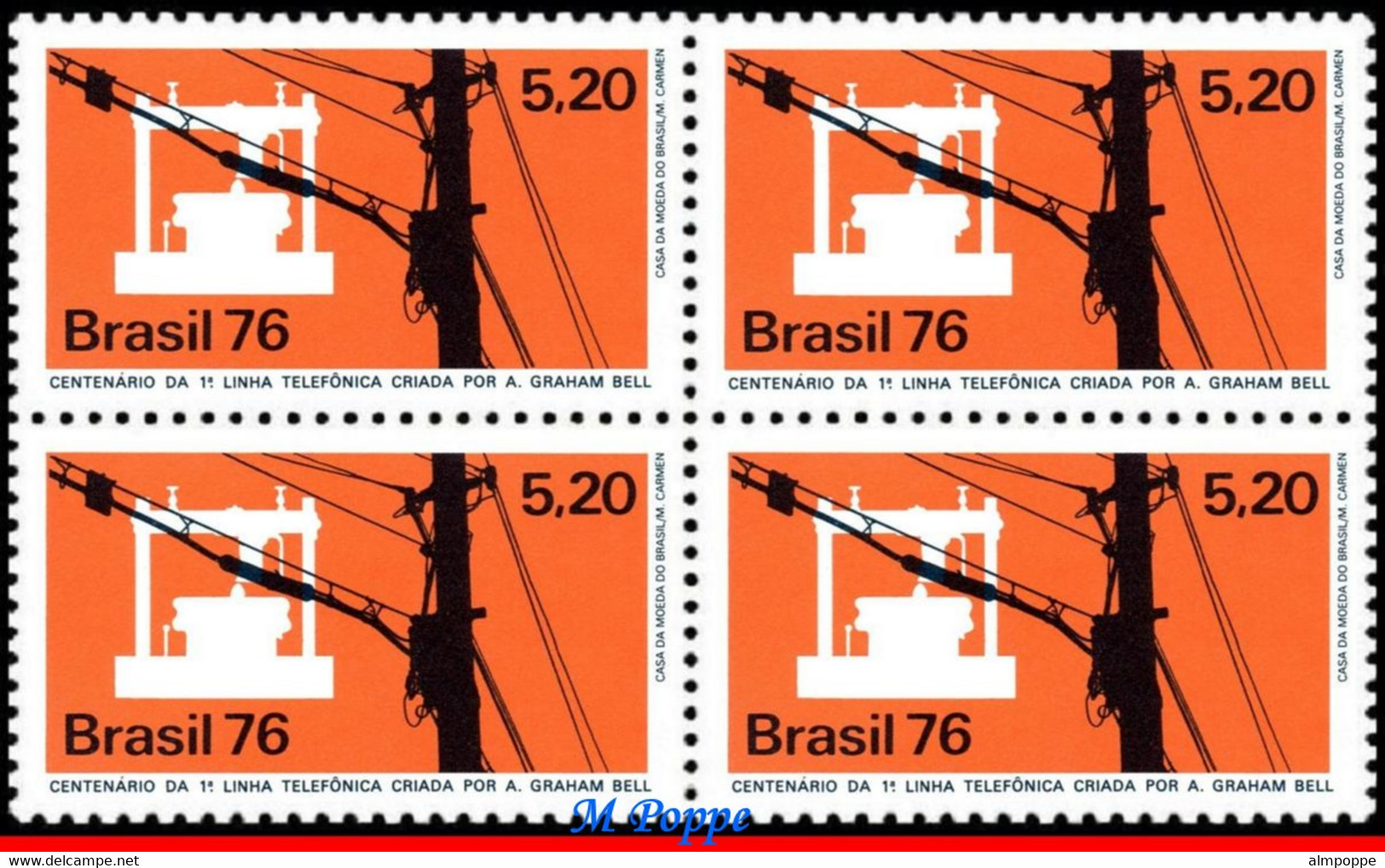 Ref. BR-1427-Q BRAZIL 1976 - FIRST TELEPHONE, CALL BY GRAHAM BELL, MI# 1523, BLOCK MNH, TELECOMMUNICATION 4V Sc# 1427 - Ungebraucht