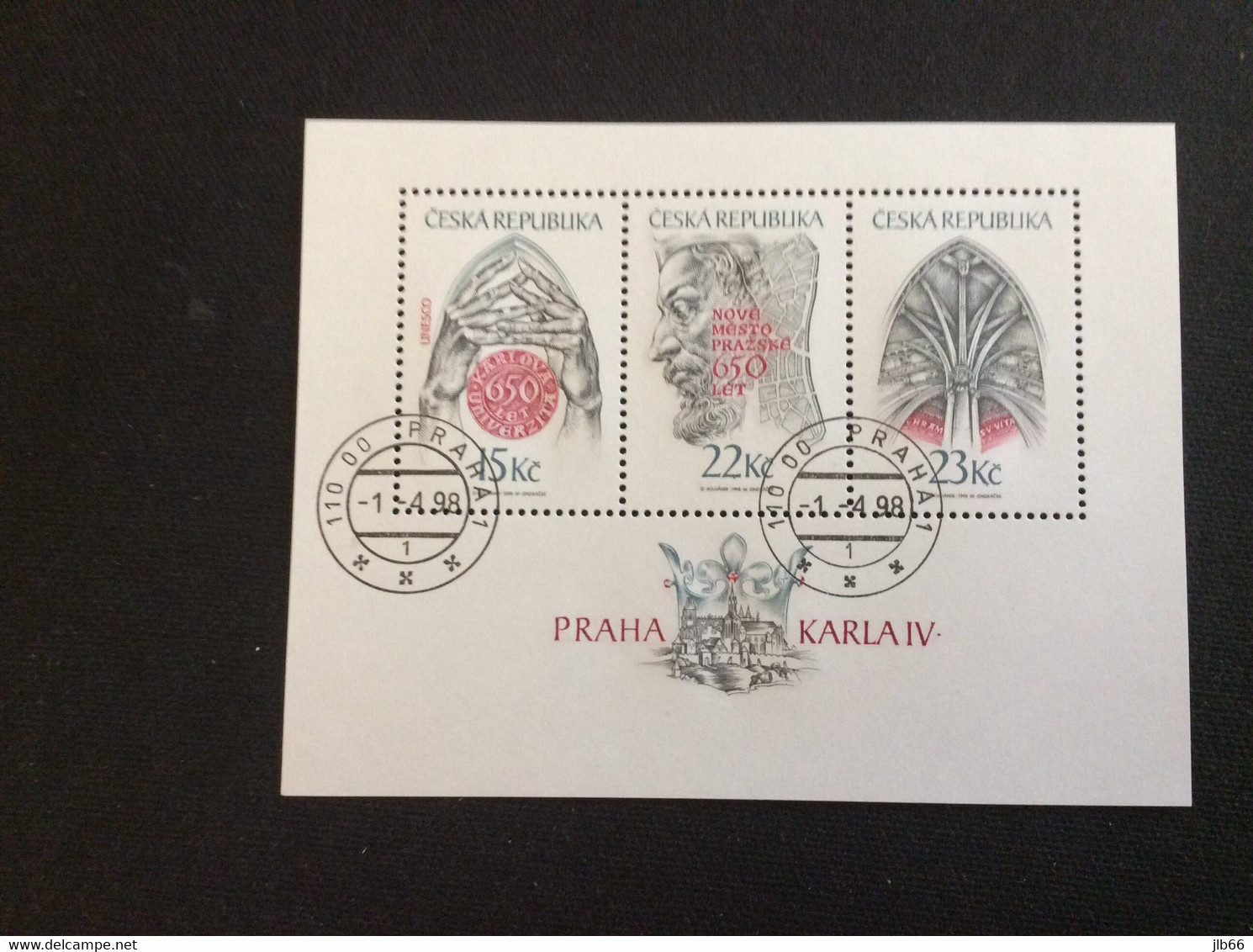 1998 Bloc Oblitéré De 3 Timbres Prague Au Temps De Charles IV Université Ville Neuve Et Voûte De La Cathédrale St Guy - Blocks & Kleinbögen