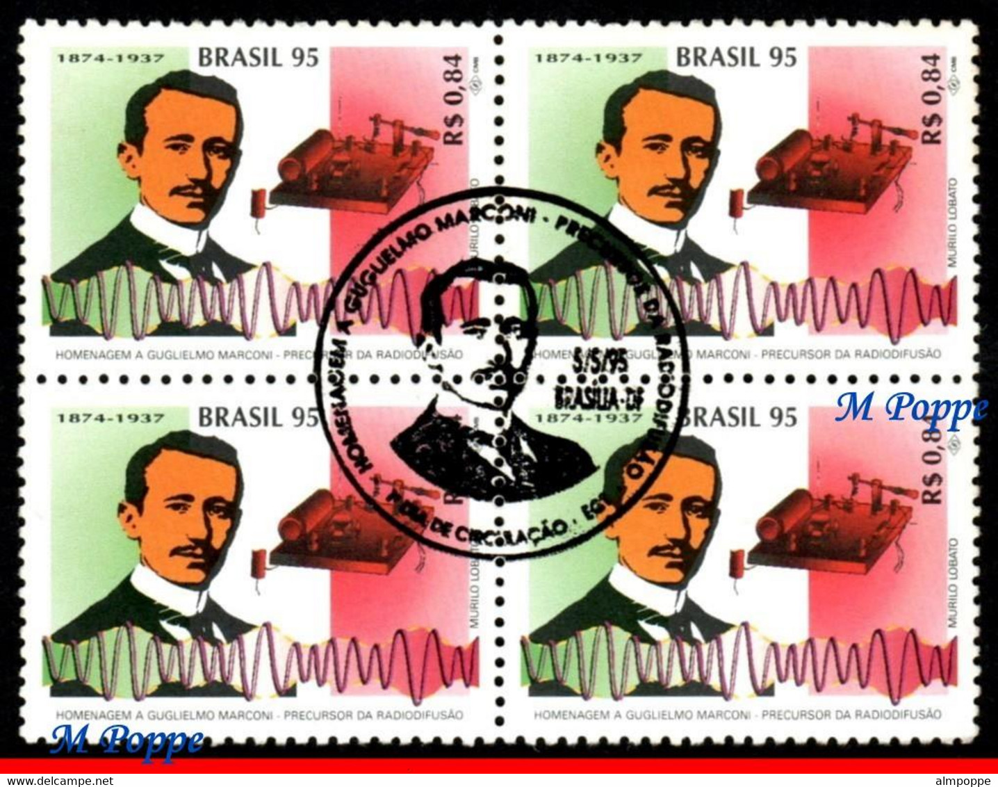 Ref. BR-2533-QC BRAZIL 1995 - GUGLIELMO MARCONI, RADIO,, SCIENCE, MI# 2642, CANCELED 1ST DAY NH, FAMOUS PEOPLE 4V Sc# 25 - Telecom